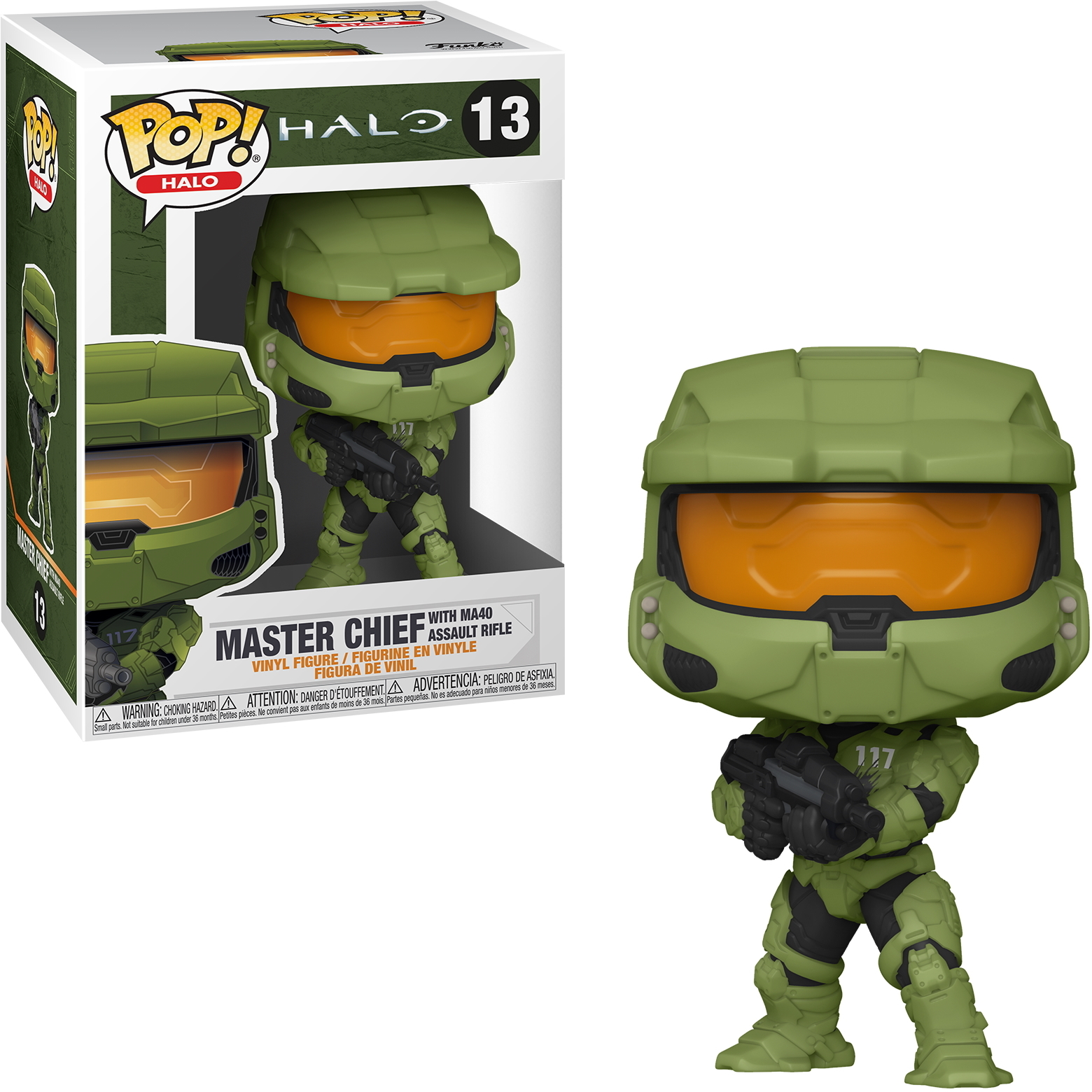 Eine Halo Master Chief Figur in grünem Anzug, gehalten von einer Box mit dem Bild der Figur.
