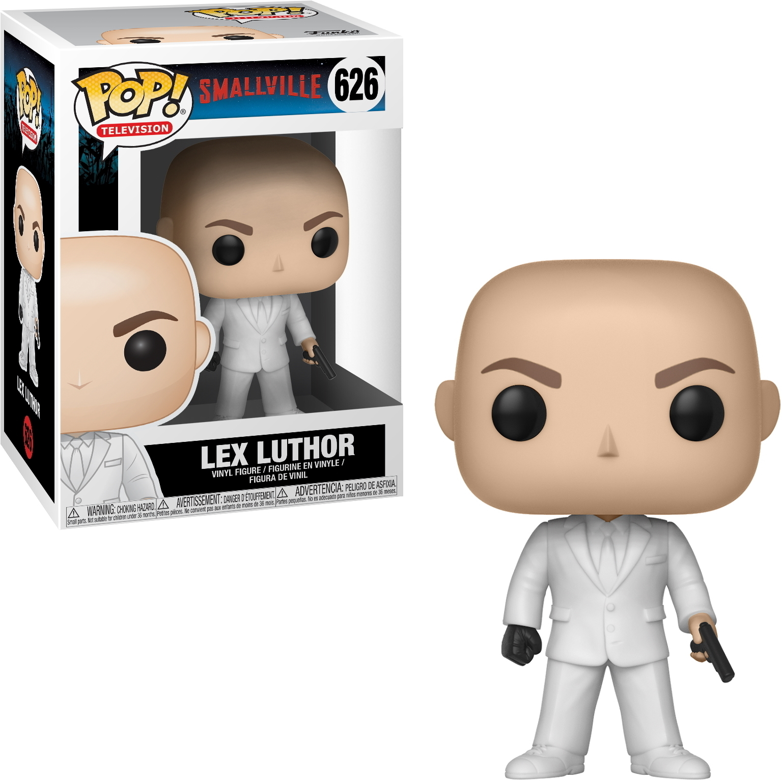 Lex Luthor Funko Pop Figur in Box und stehend. Weißer Anzug, Pistole.
