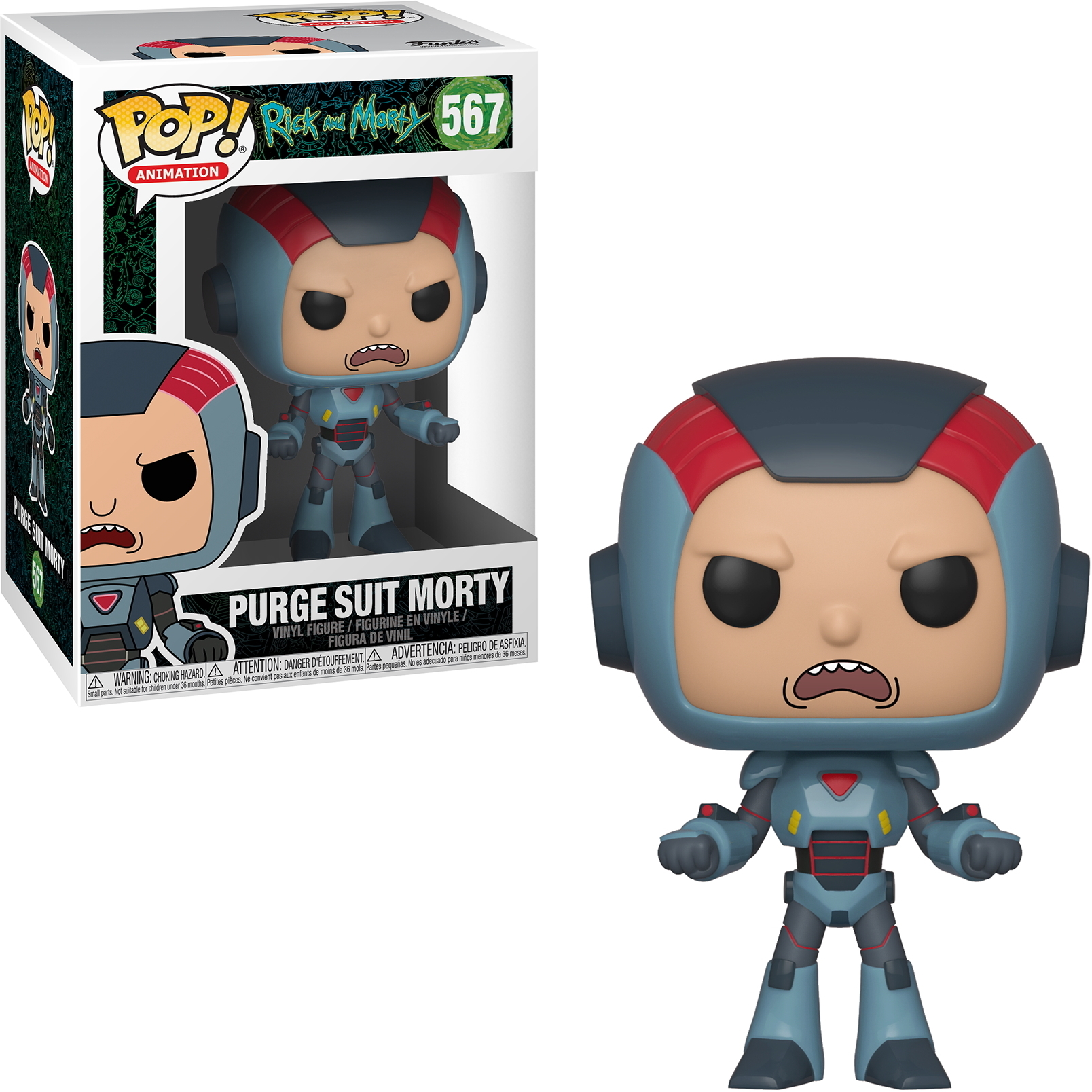 Purge Suit Morty Funko Pop Figur mit Helm und Anzug, in einer Box.