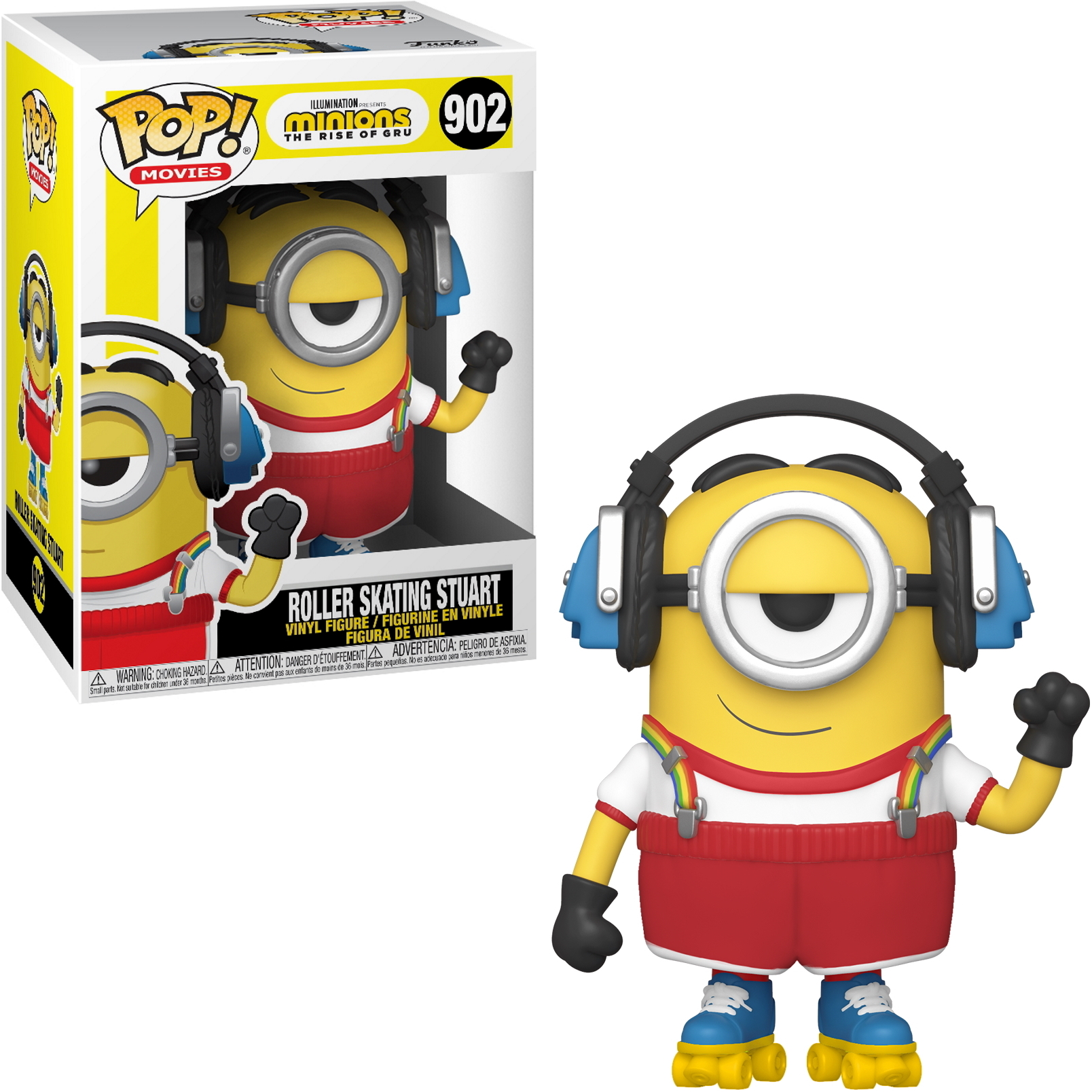 Eine Minion-Figur auf Rollschuhen, mit Kopfhörern und rotem Outfit. Sie ist in einer Box.