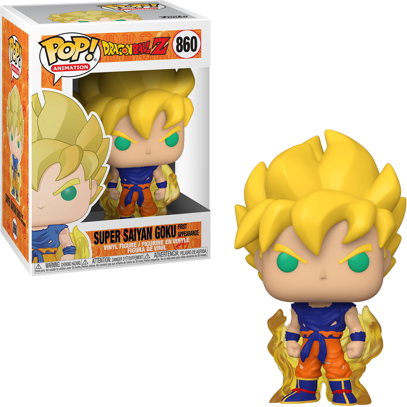 Statuetta di Goku di Dragon Ball Z, scatola a sinistra, figura a destra.