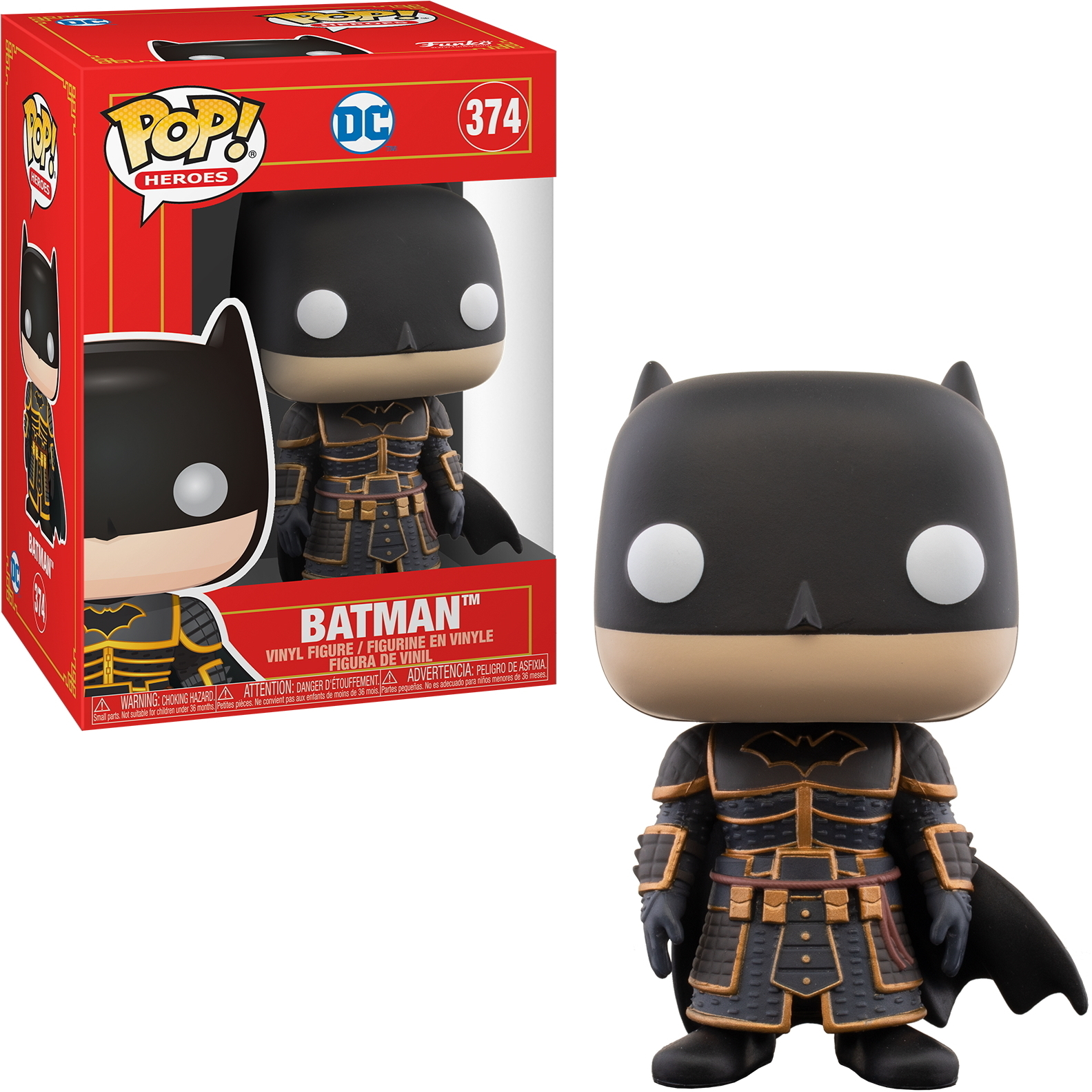 Una statuetta di Batman in una scatola, con un'armatura nera e oro dettagliata.