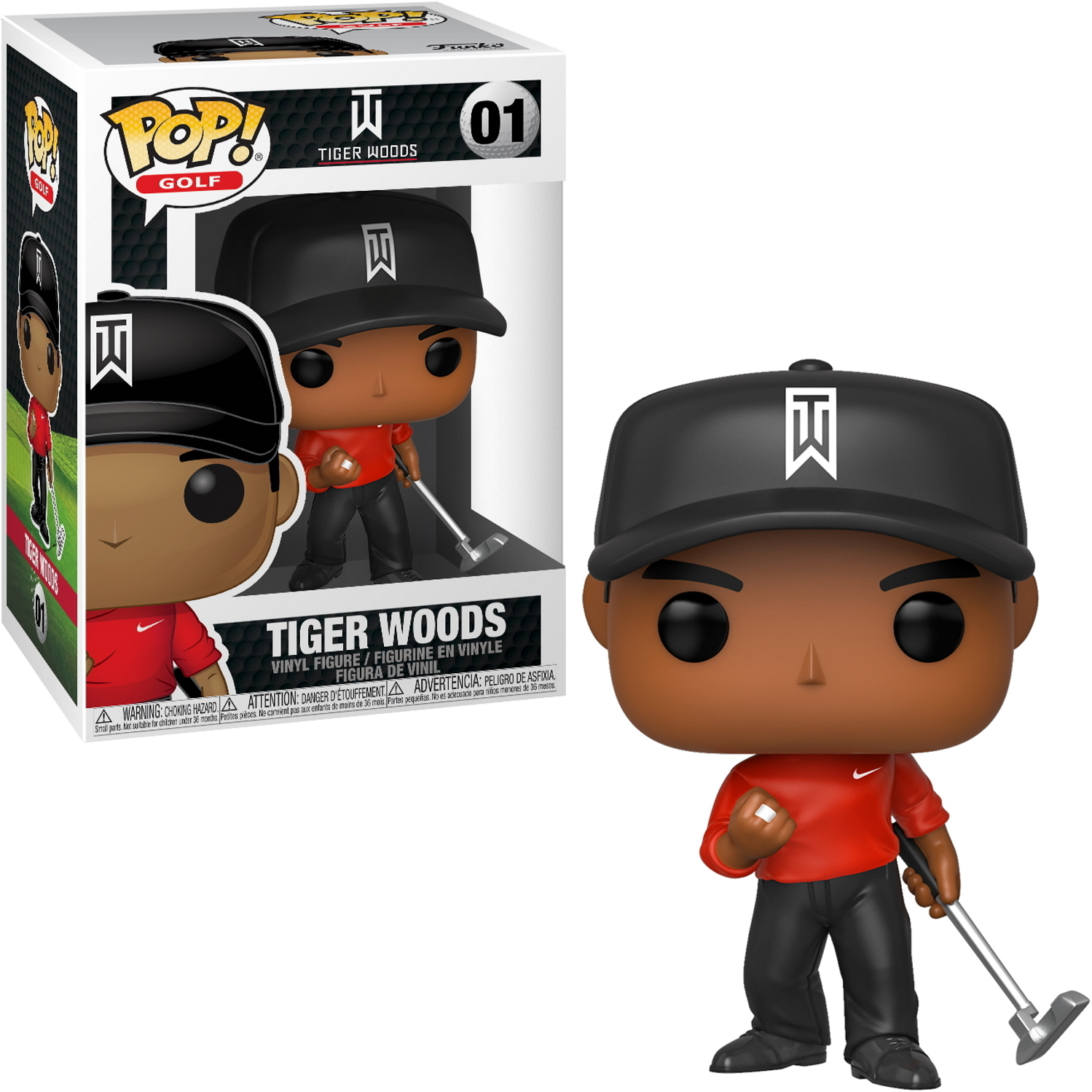 Tiger Woods Funko Pop Figur mit Box. Figur trägt rotes Hemd, schwarze Kappe und Hose, hält Golfschläger.