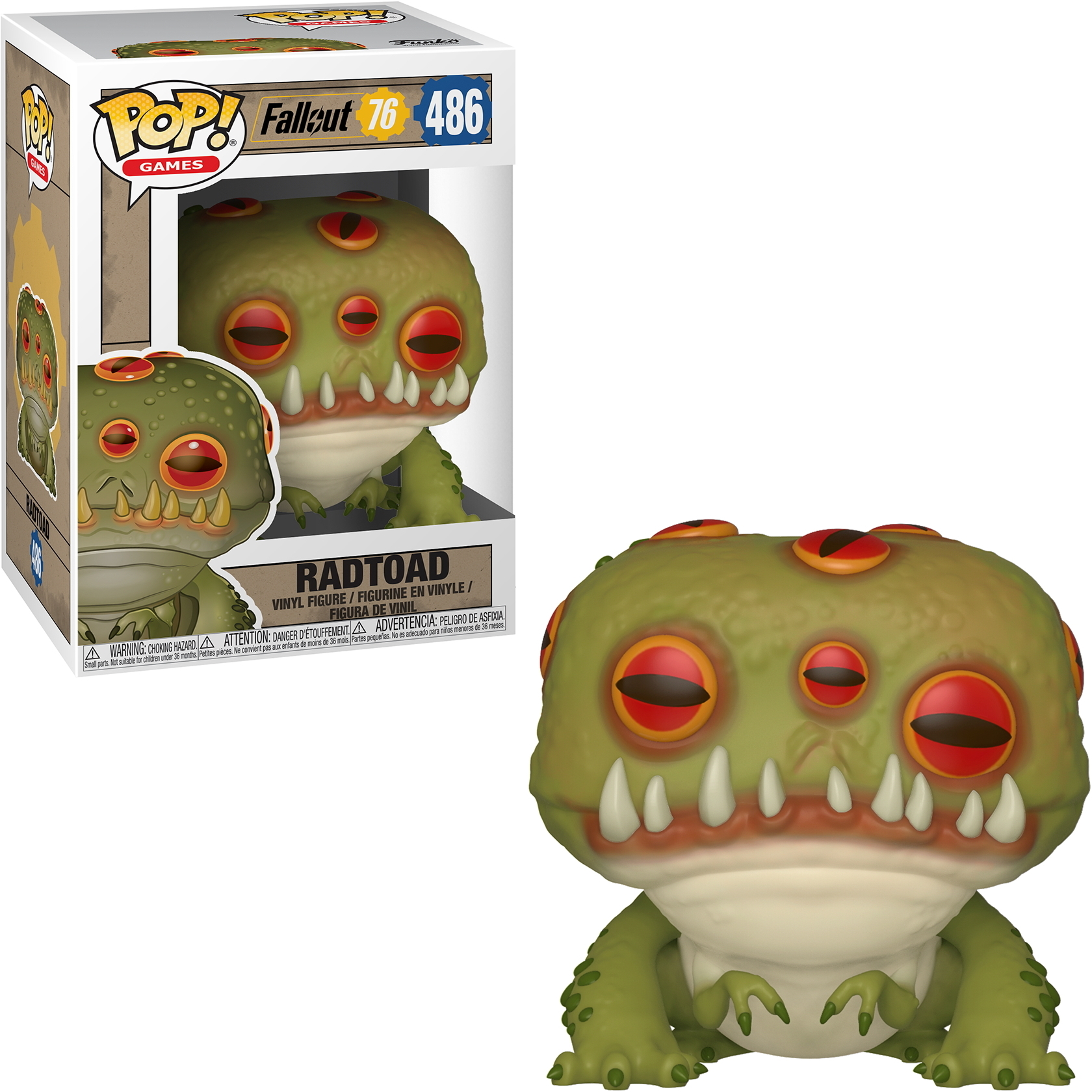 Funko Pop! Radtoad-Figur aus dem Spiel Fallout 76, mit Verpackung. Grüner Frosch mit mehreren roten Augen.