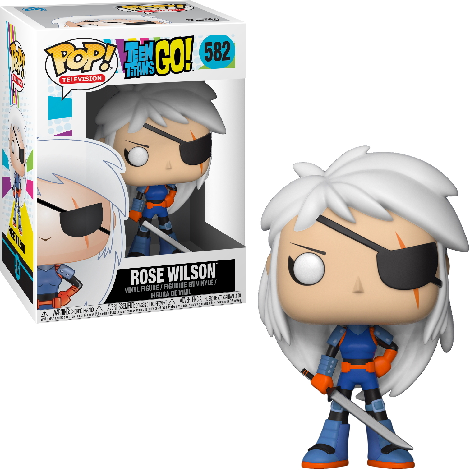 Figura di Rose Wilson di Teen Titans Go!, con scatola. Ha capelli bianchi, una benda sull'occhio e una spada.