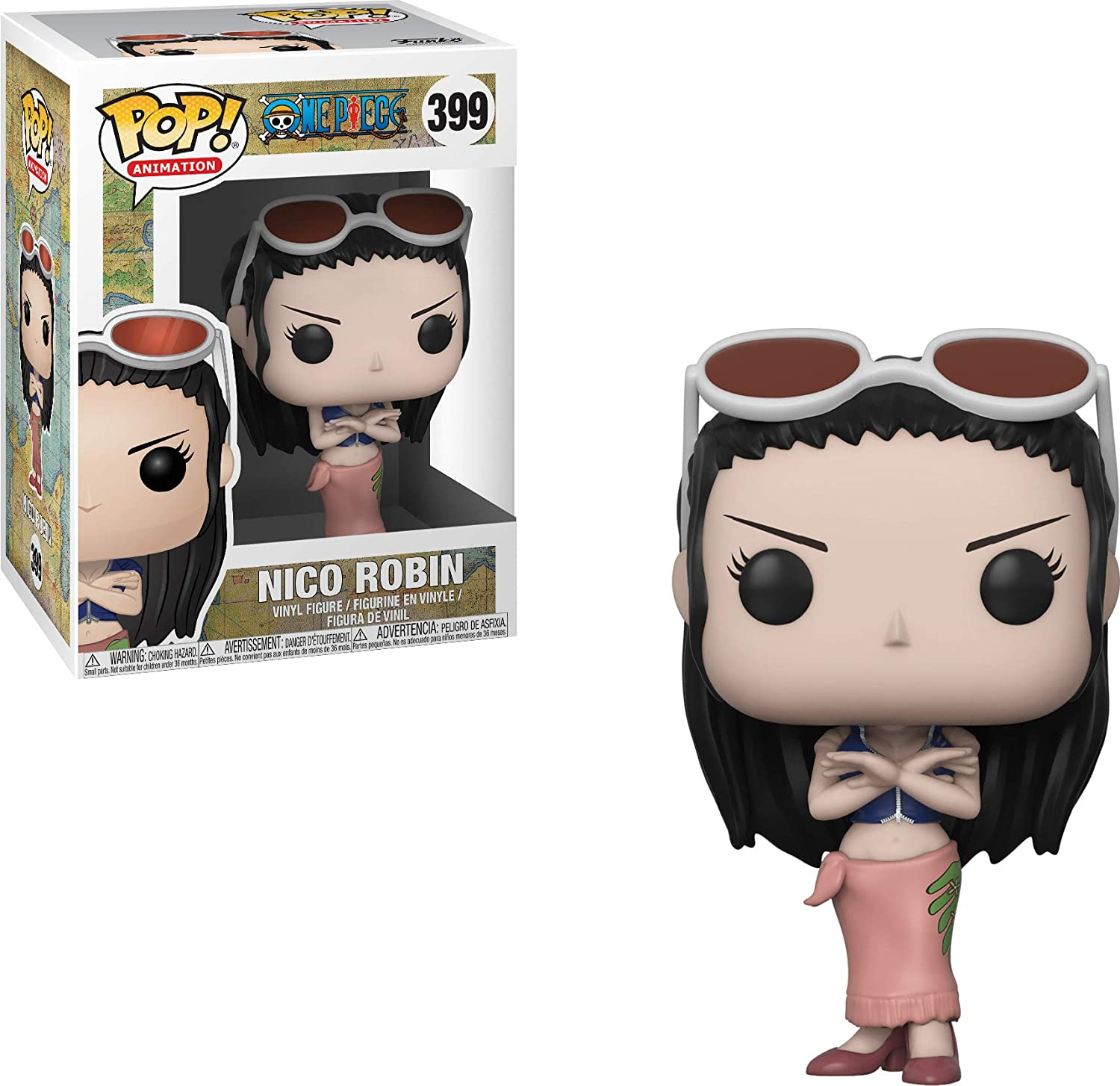Figurka Funko Pop Nico Robin. Kobieta z ciemnymi włosami i okularami przeciwsłonecznymi.