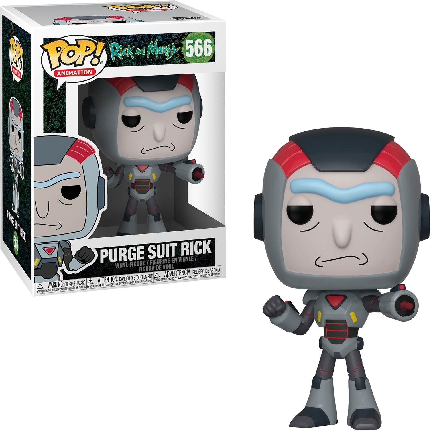 Ein Funko Pop von Rick aus Rick and Morty in einem Purge-Anzug.