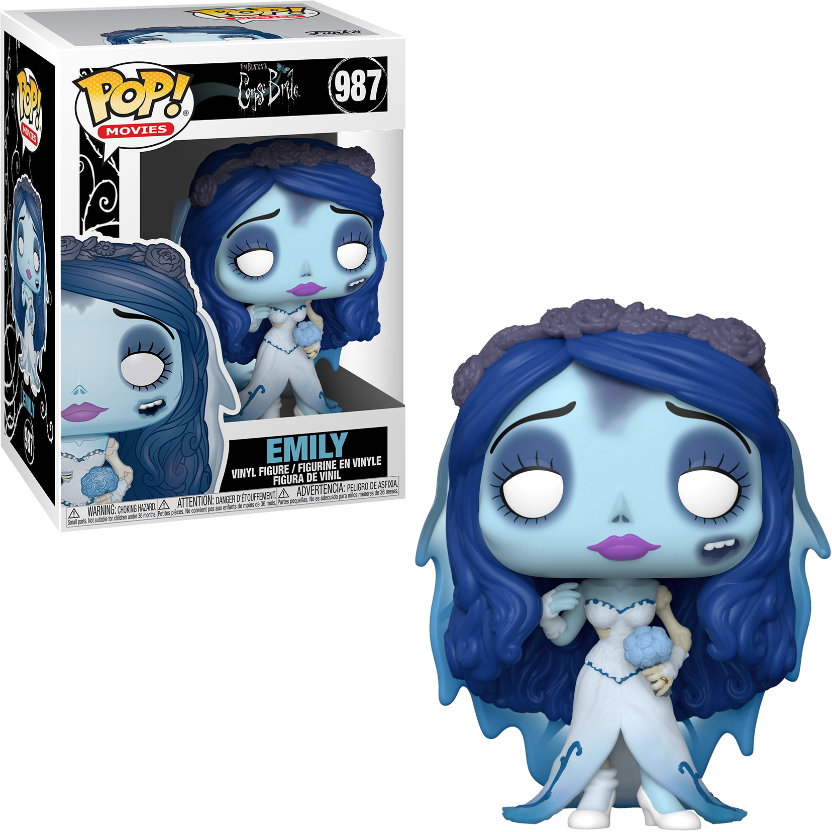 Una figura Funko Pop di Emily di Corpse Bride, in scatola, e la figura da sola.