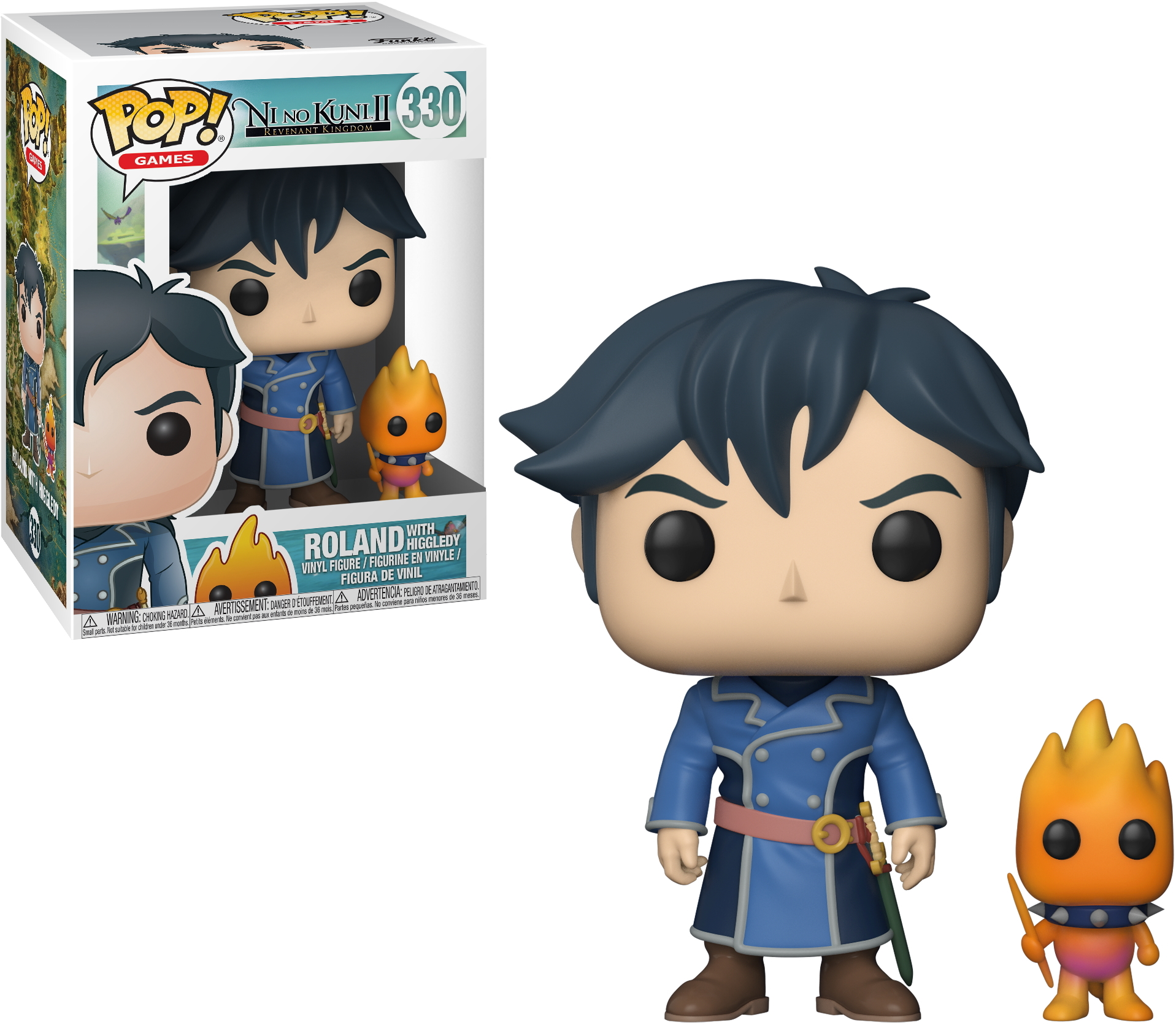 Funko Pop Figur von Roland mit einem Higgledy aus Ni no Kuni II, mit Box.