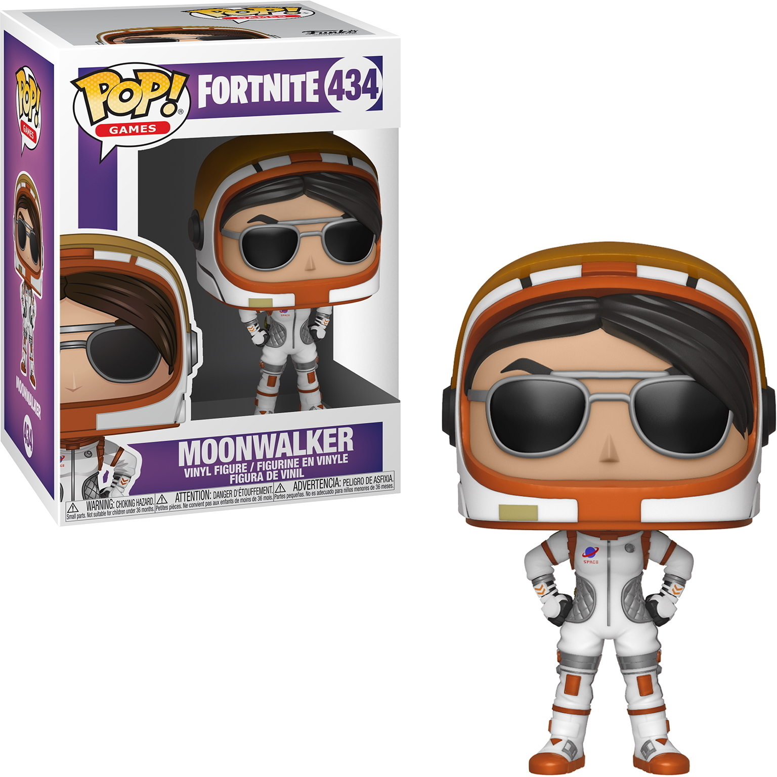 Figurka Funko Pop Moonwalker z Fortnite w pudełku i poza nim. Figurka w skafandrze z okularami przeciwsłonecznymi.