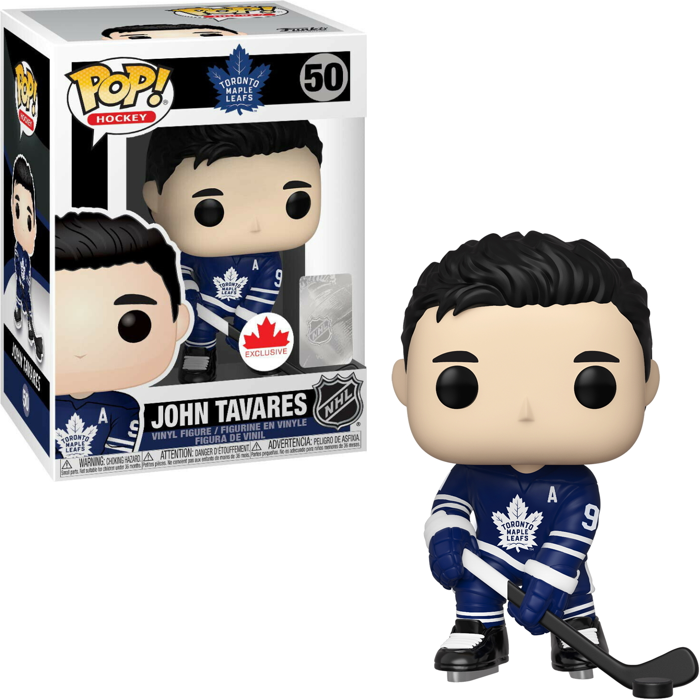 Eine Toronto Maple Leafs John Tavares Funko Pop Figur in einer Box und die Figur selbst.