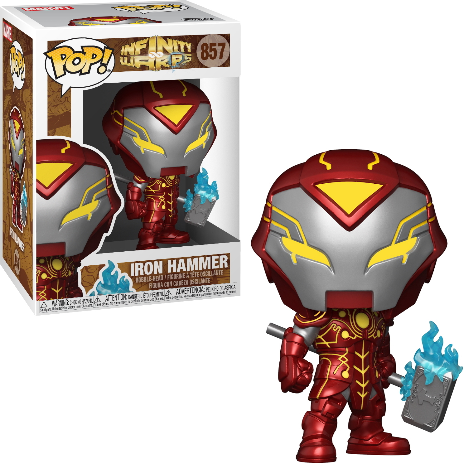 Iron Man Funko Pop Figur mit Helm und Hammer. Box im Hintergrund.