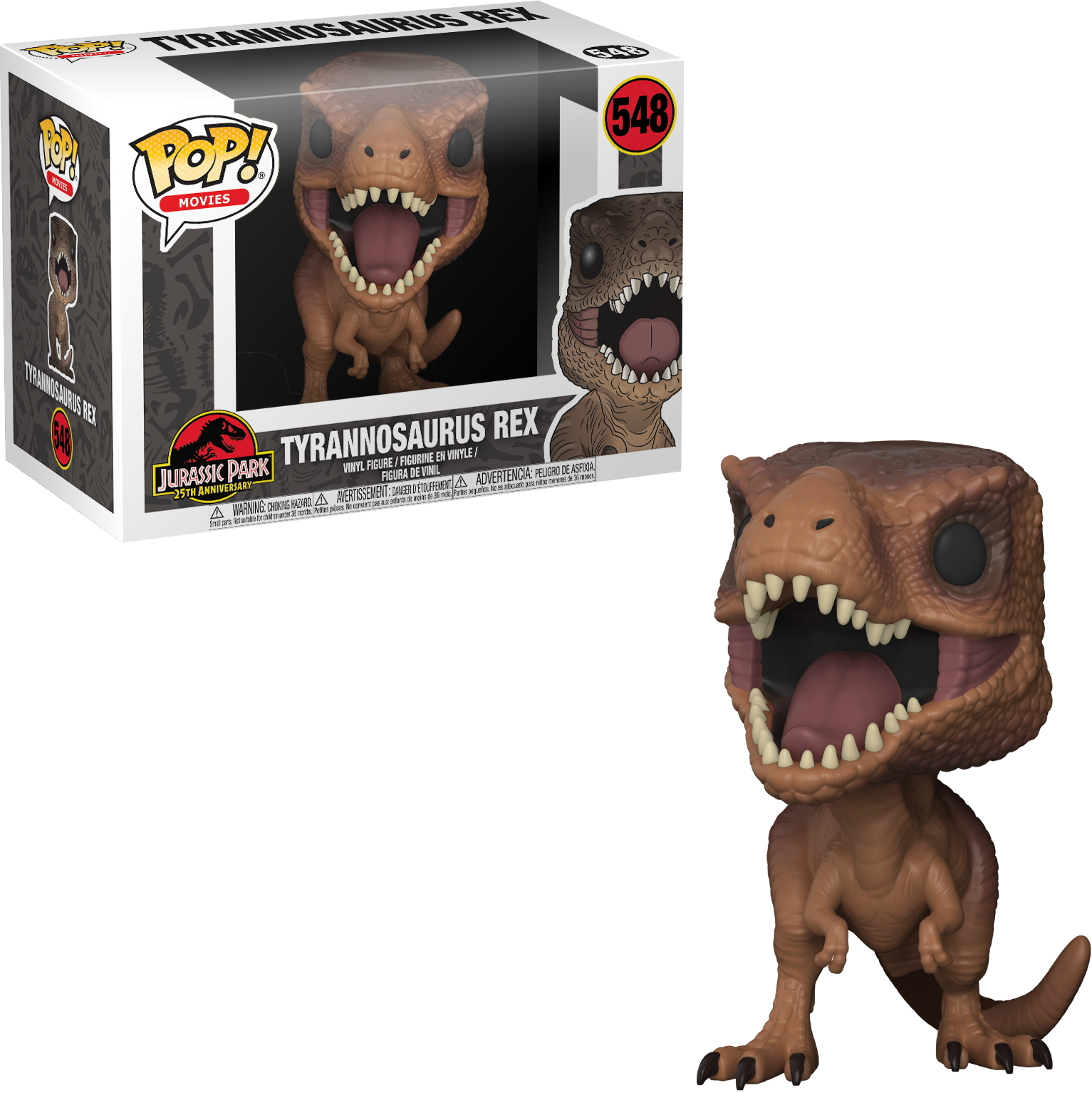 Figurka Funko Pop Tyrannosaurus Rex. Pokazuje figurkę w pudełku i poza nim.