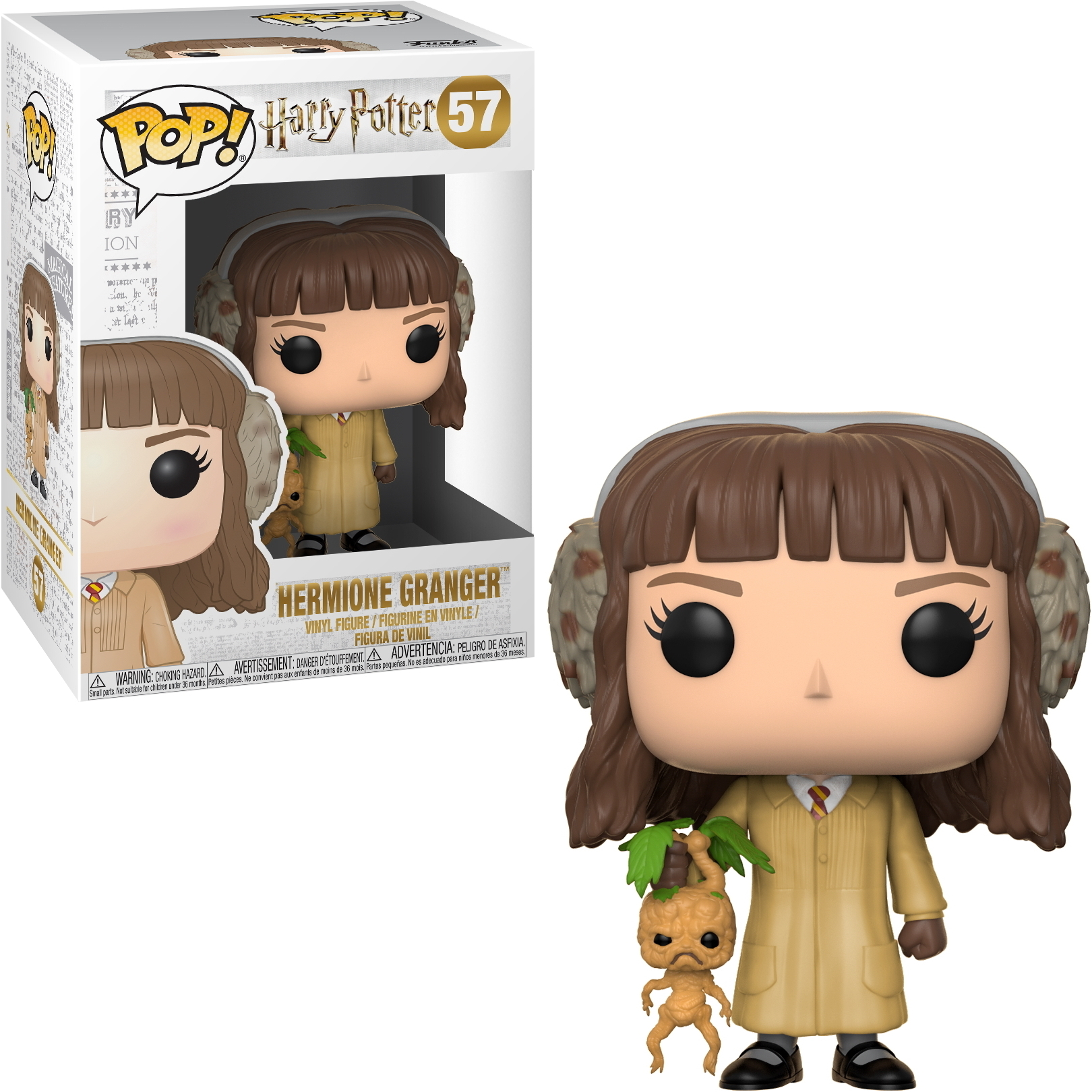Hermine Granger Funko Pop Figur und Box. Sie trägt einen Mantel und hält eine Alraune.