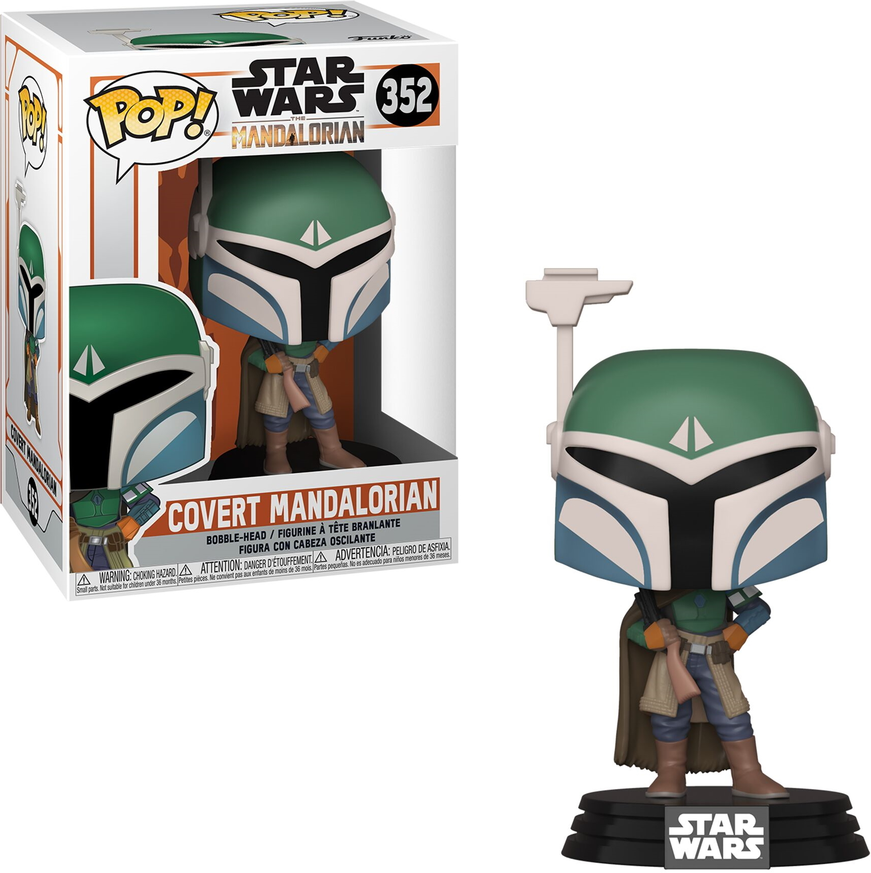Eine Mandalorian Funko Pop Figur mit Box. Die Figur trägt grüne und blaue Rüstung, hält Blaster.