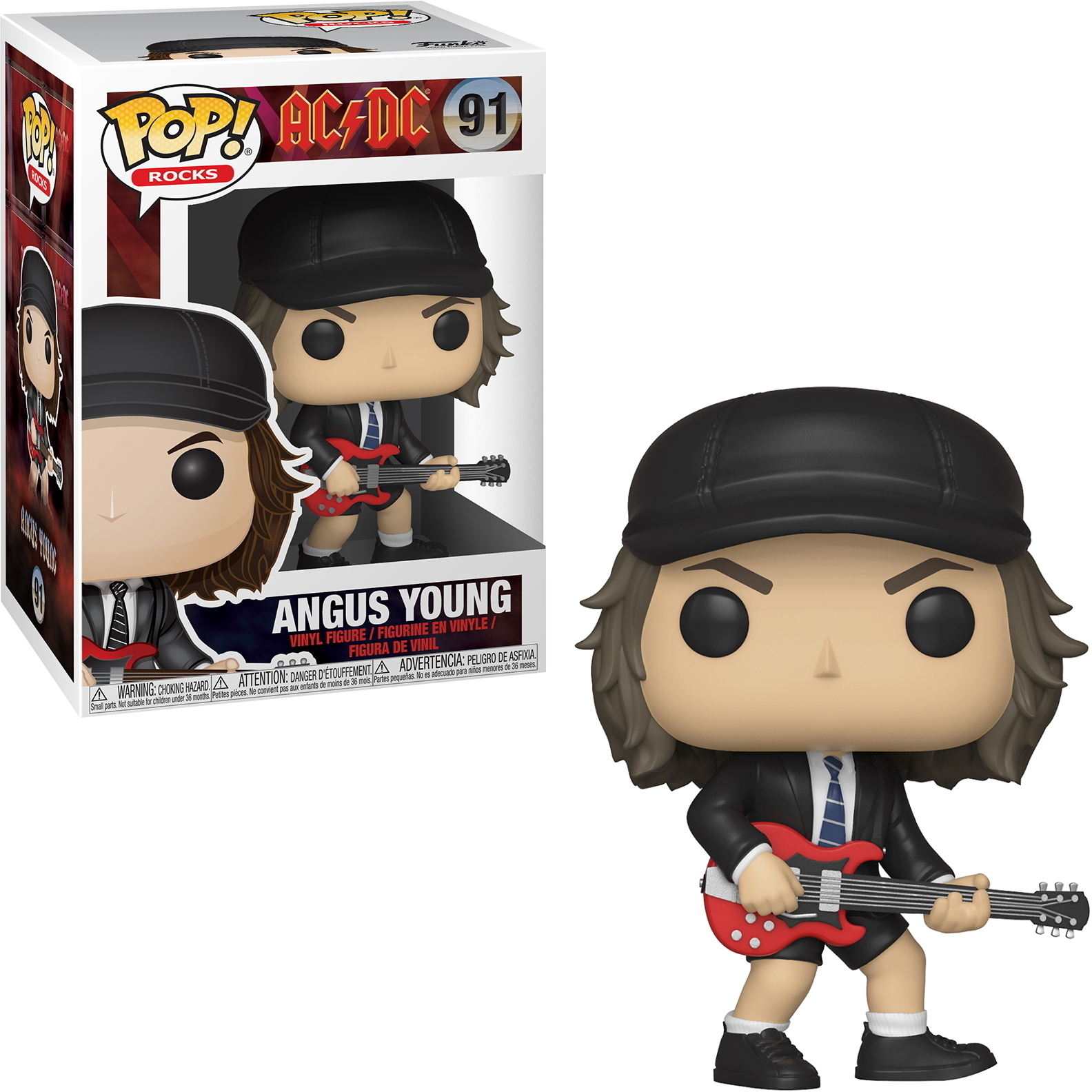 Una statuetta di Angus Young degli AC/DC, con una chitarra. La figura è in bianco e nero.