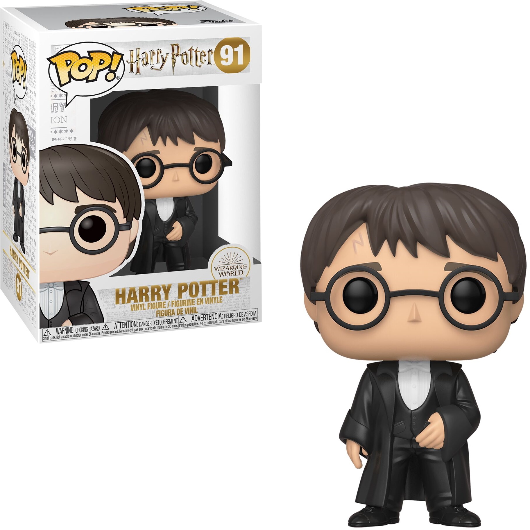 Figura Funko Pop de Harry Potter con caja. La figura usa gafas y túnicas negras, de pie.