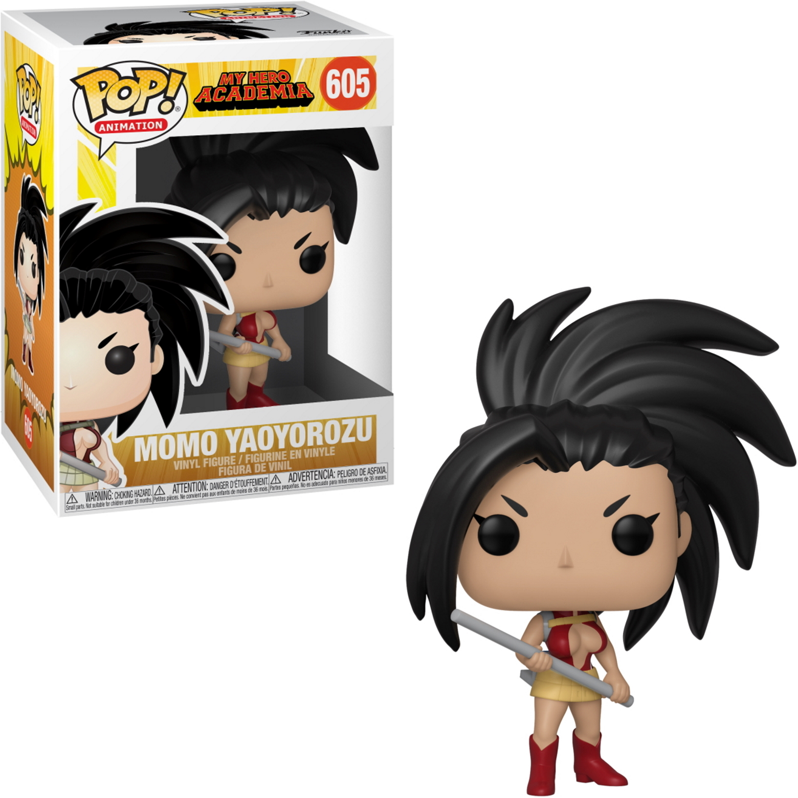 Figurina Funko Pop di Momo Yaoyorozu con scatola. Una ragazza con capelli neri e abito rosso.