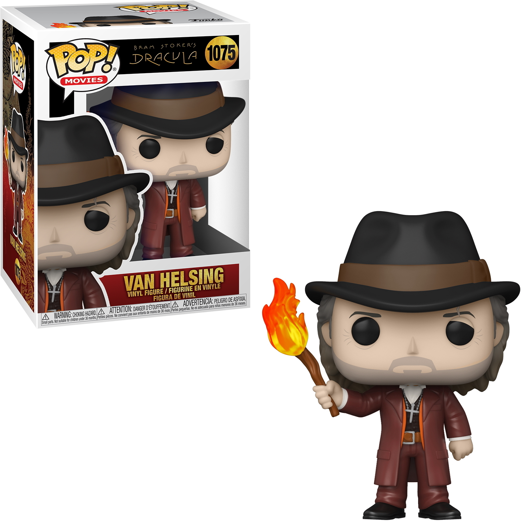Van Helsing figure holding a torch with flames. Box on left shows the figure.