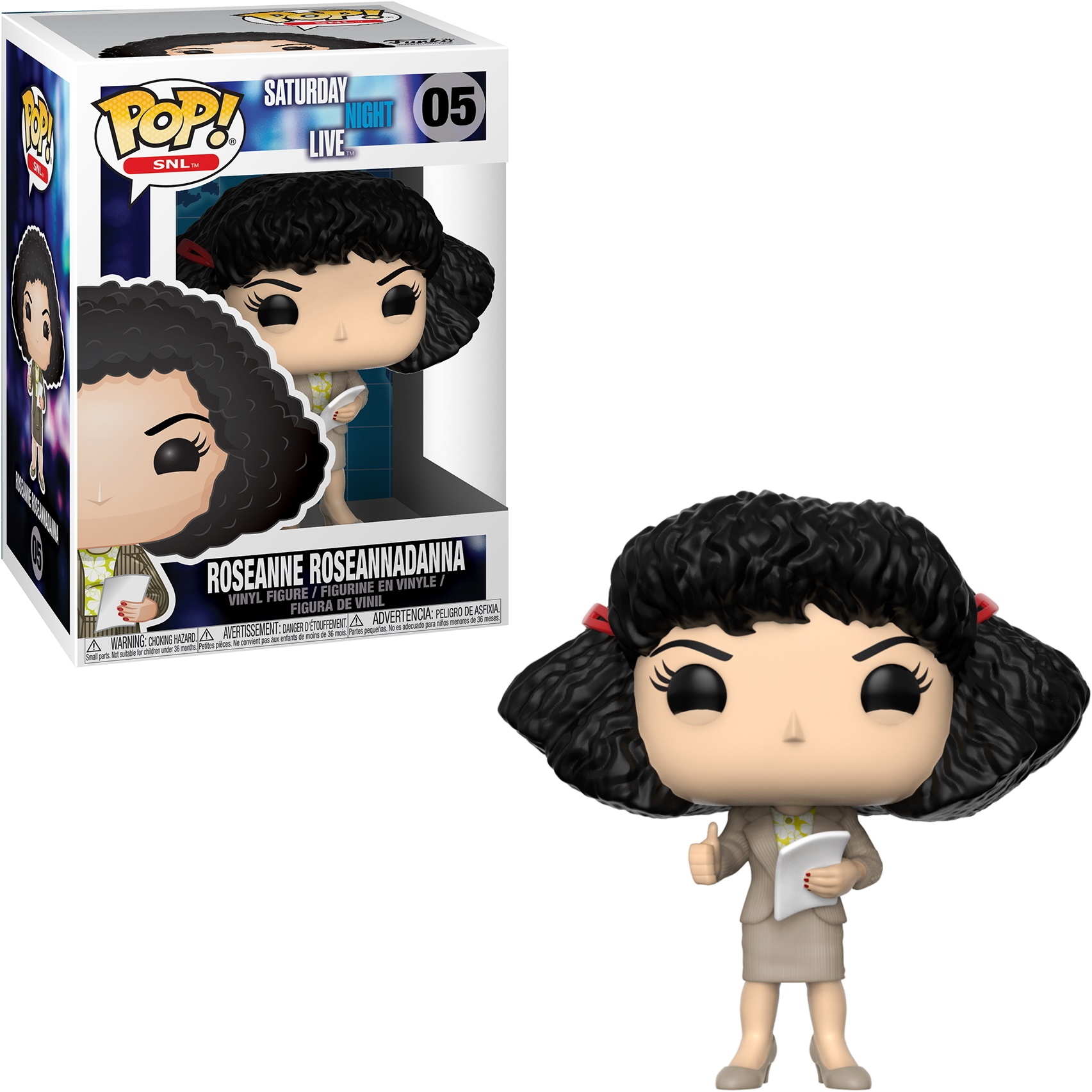 Una statuetta di Roseanne Roseannadanna di Saturday Night Live, nella sua confezione e di persona.
