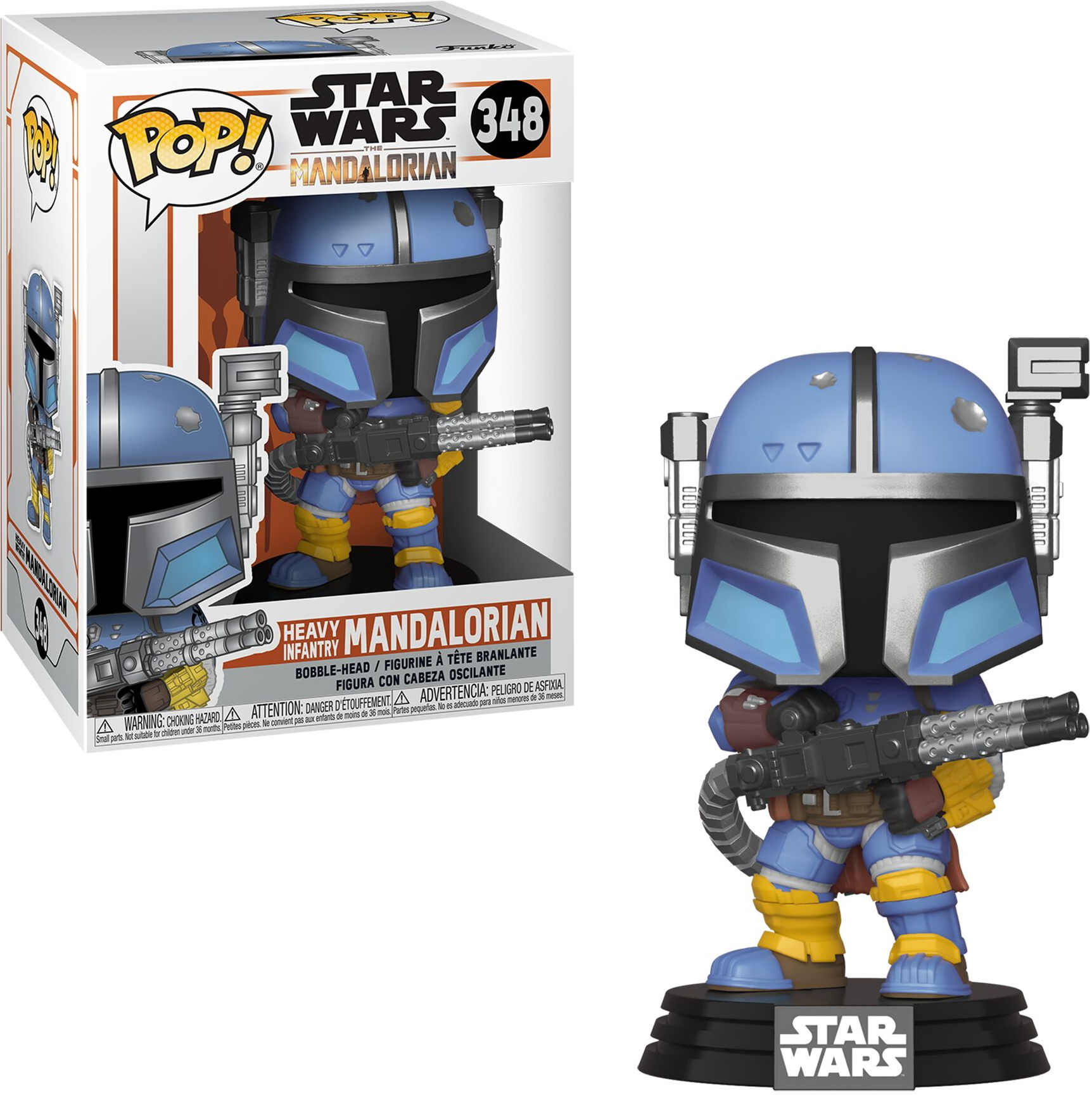 Eine Mandalorian Star Wars Funko Pop Figur in ihrer Box. Die Figur ist blau, grau und gelb.