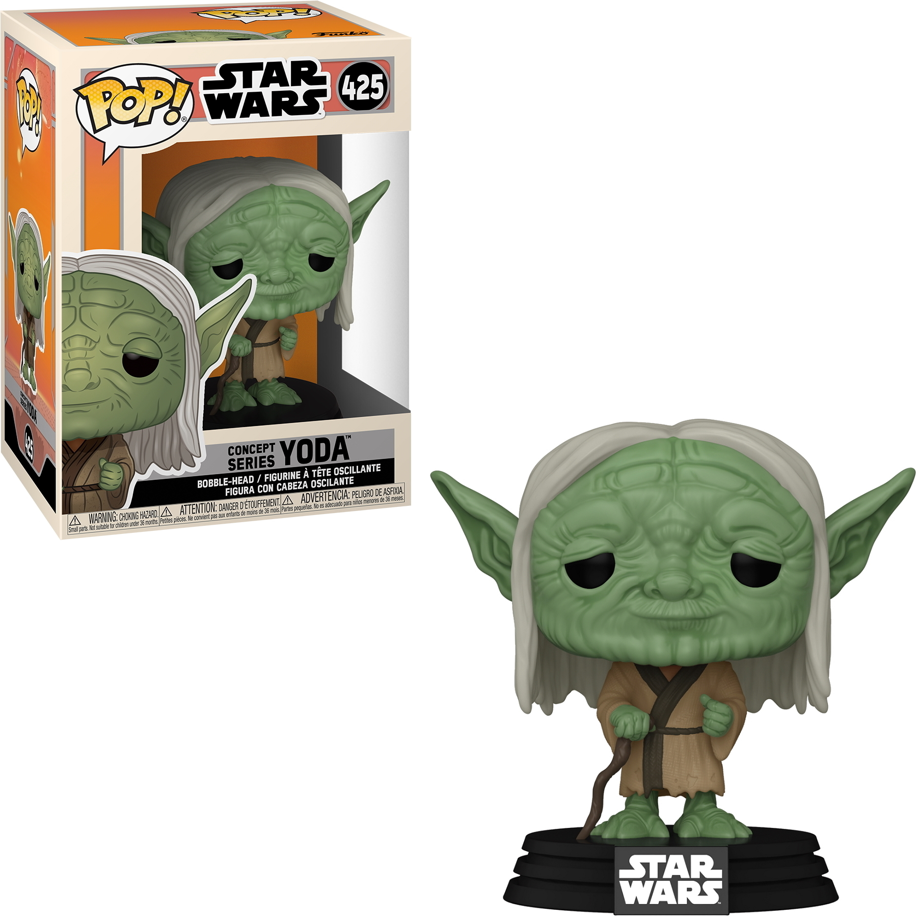 Yoda Funko Pop Figur mit Stab und Box. Grüne Figur auf schwarzer Basis.
