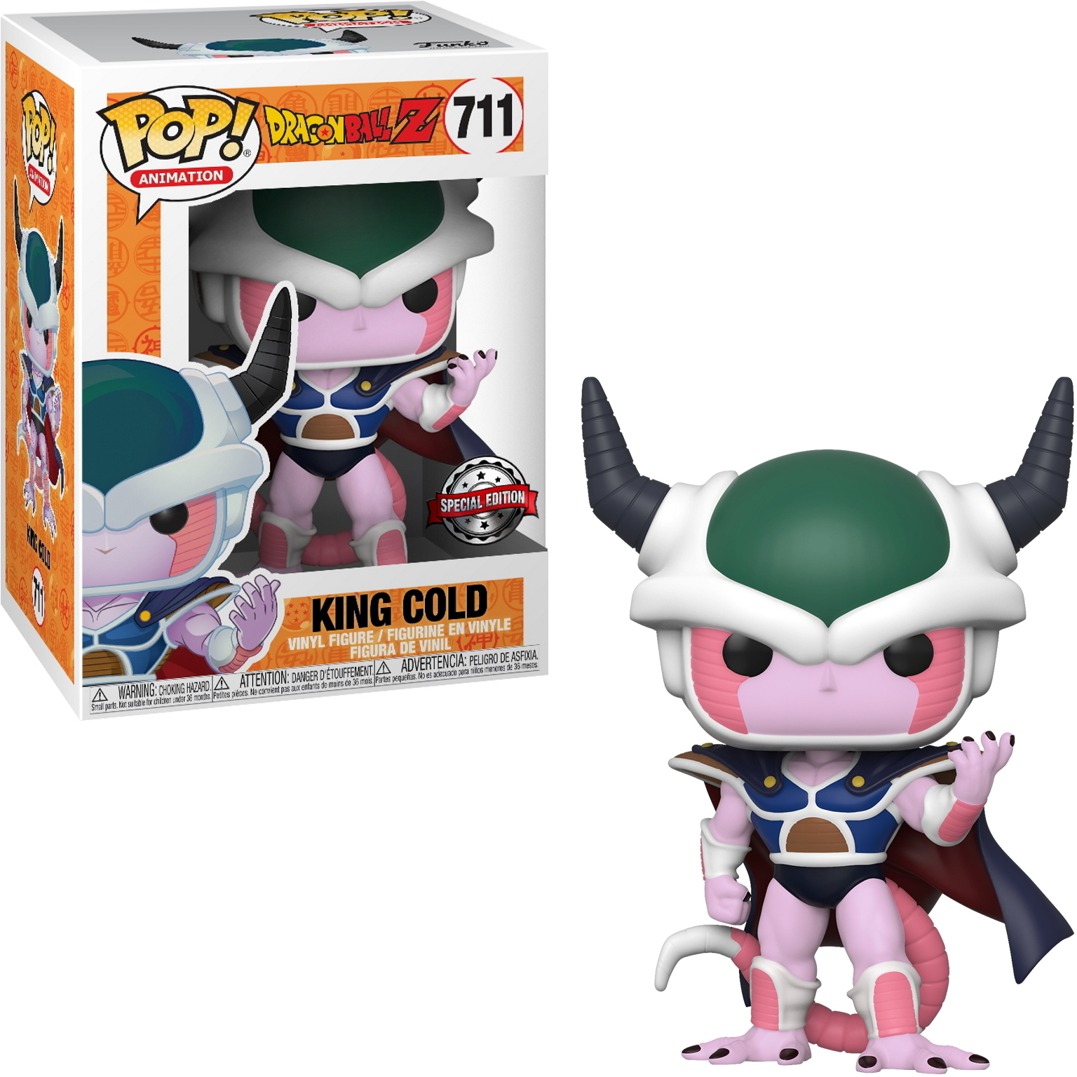 Dragon Ball Z King Cold Pop-Figur in einer Box. Die Figur ist rosa und weiß, mit Umhang und Hörnern.