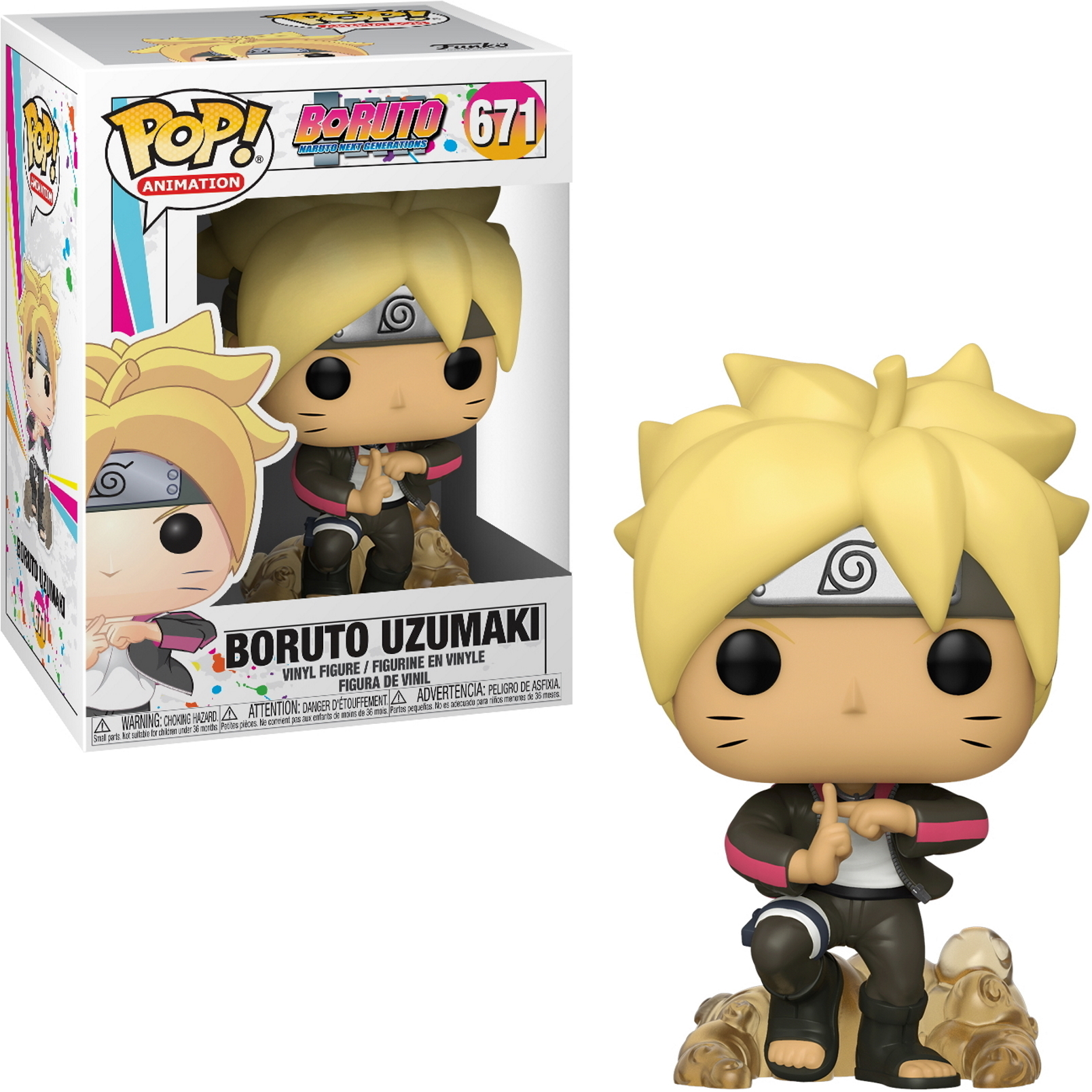 Boruto Uzumaki Funko Pop-figuur in een doos en apart, geposeerd op een stenen basis, glimlachend.