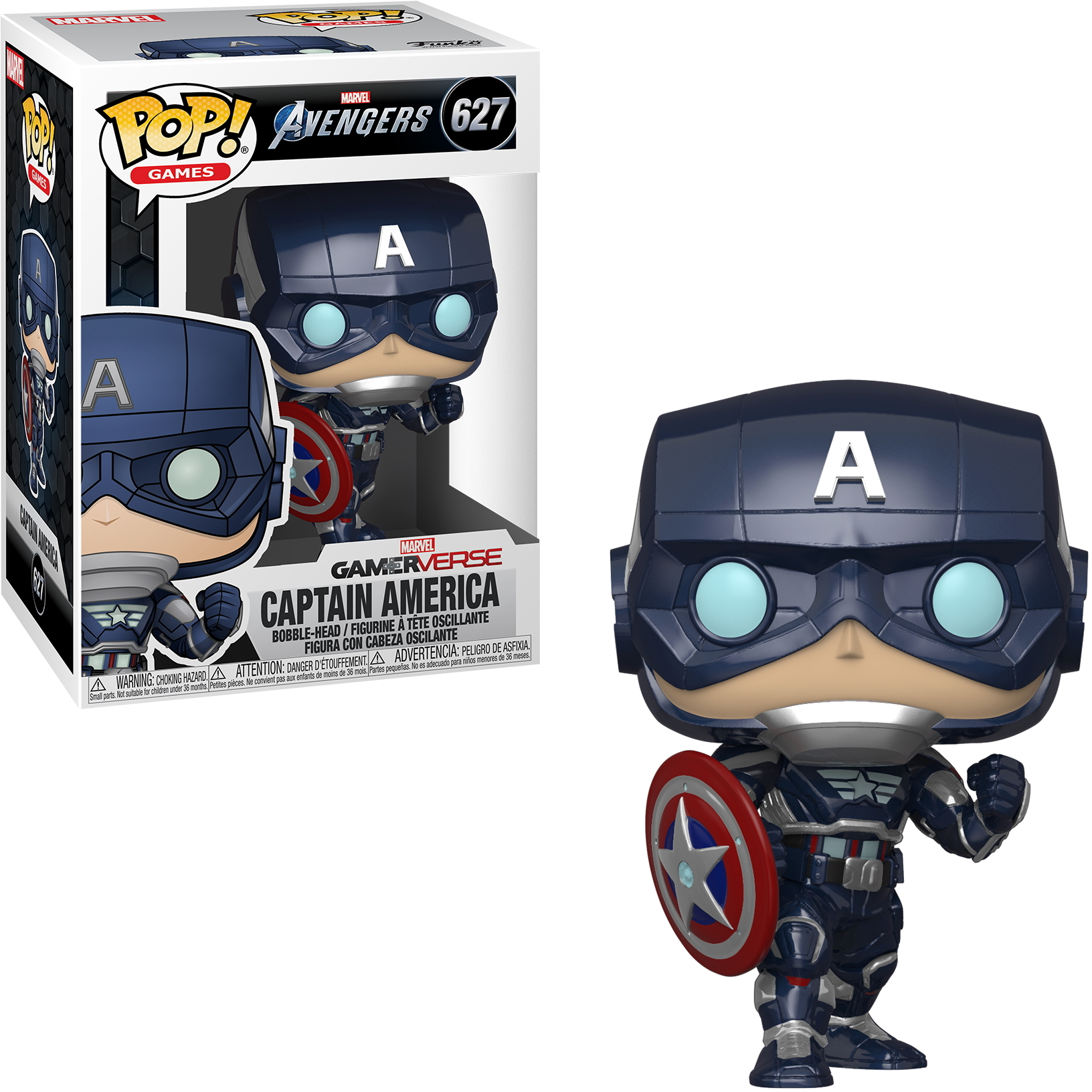 Una figura Funko Pop di Capitan America nella sua scatola, che mostra la figura e l'arte della scatola.