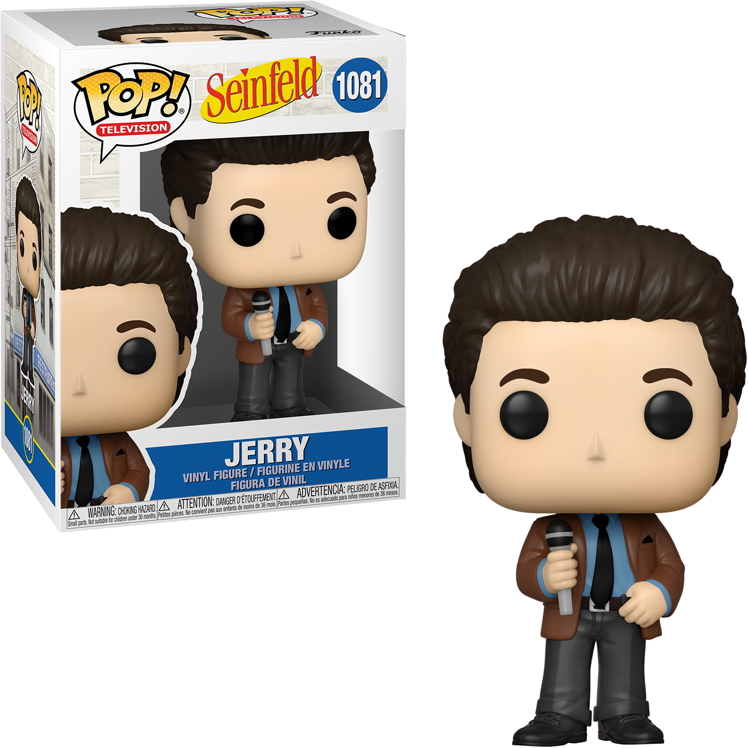 Jerry Seinfeld Funko Pop Figur in einer Box und ausgestellt. Figur hält ein Mikrofon.