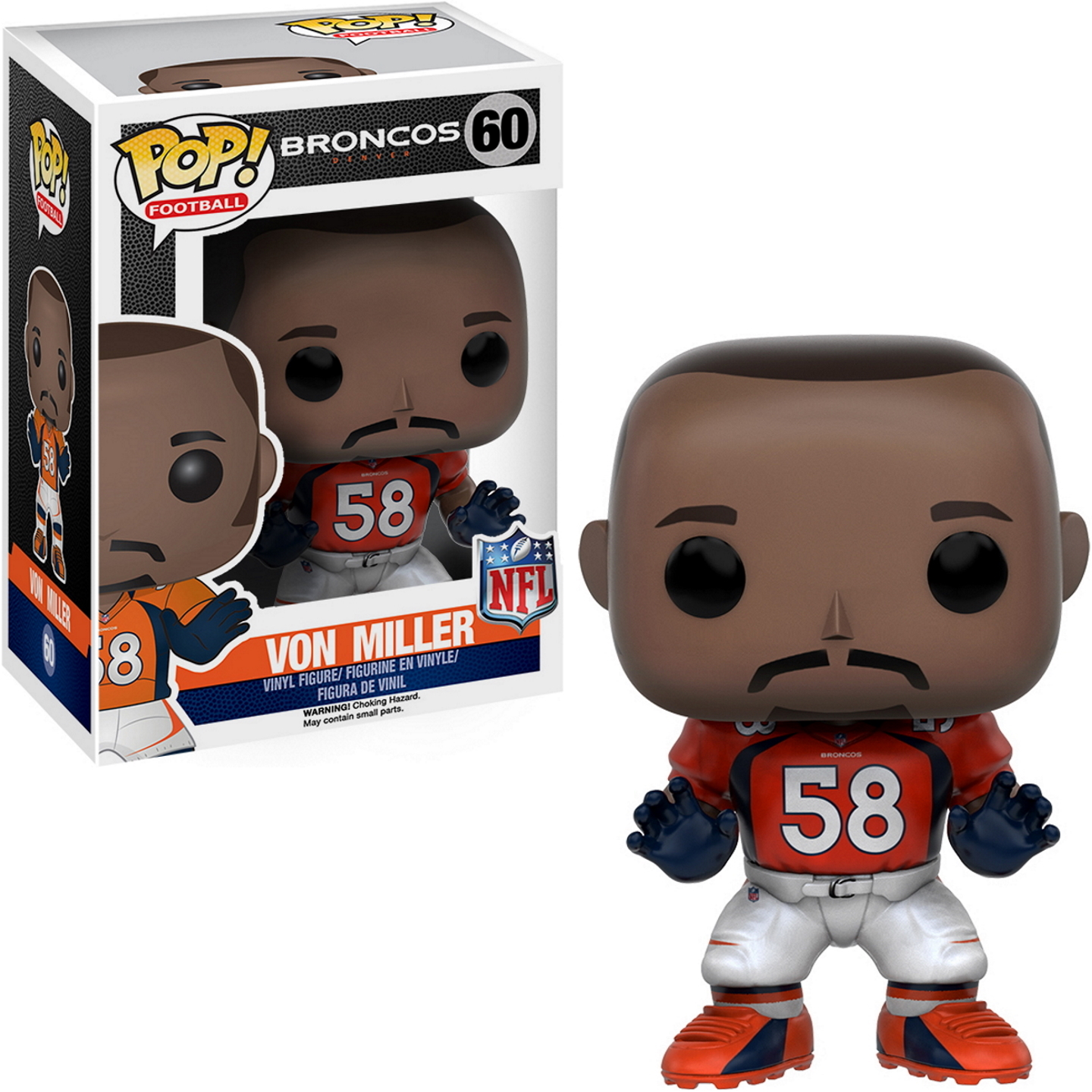 Funko Pop-Figur von Von Miller in einem Denver Broncos-Trikot. Er hält die Arme hoch.
