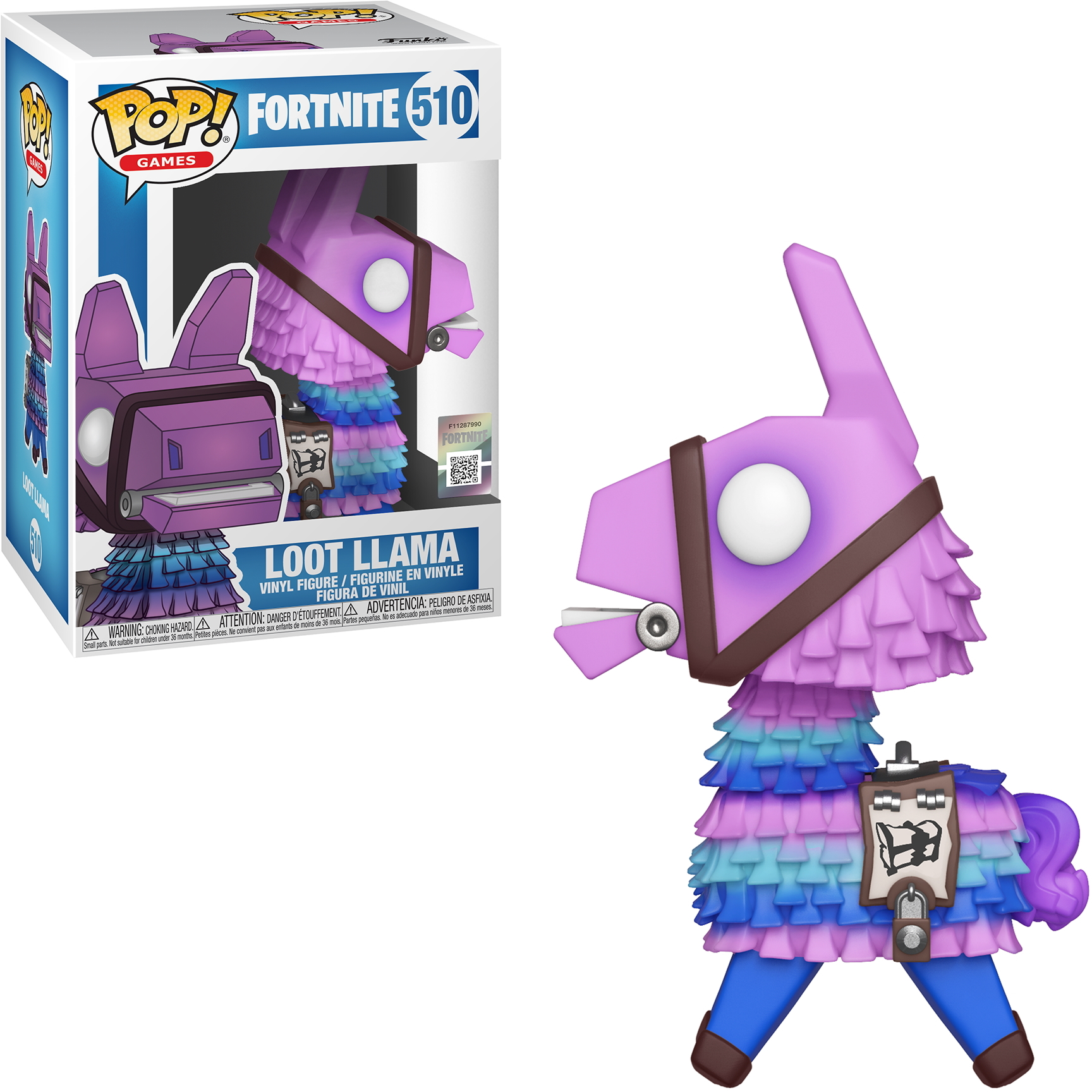 Fortnite Loot Llama Figur in einer Box, mit einer lila Lama Figur außerhalb der Box.