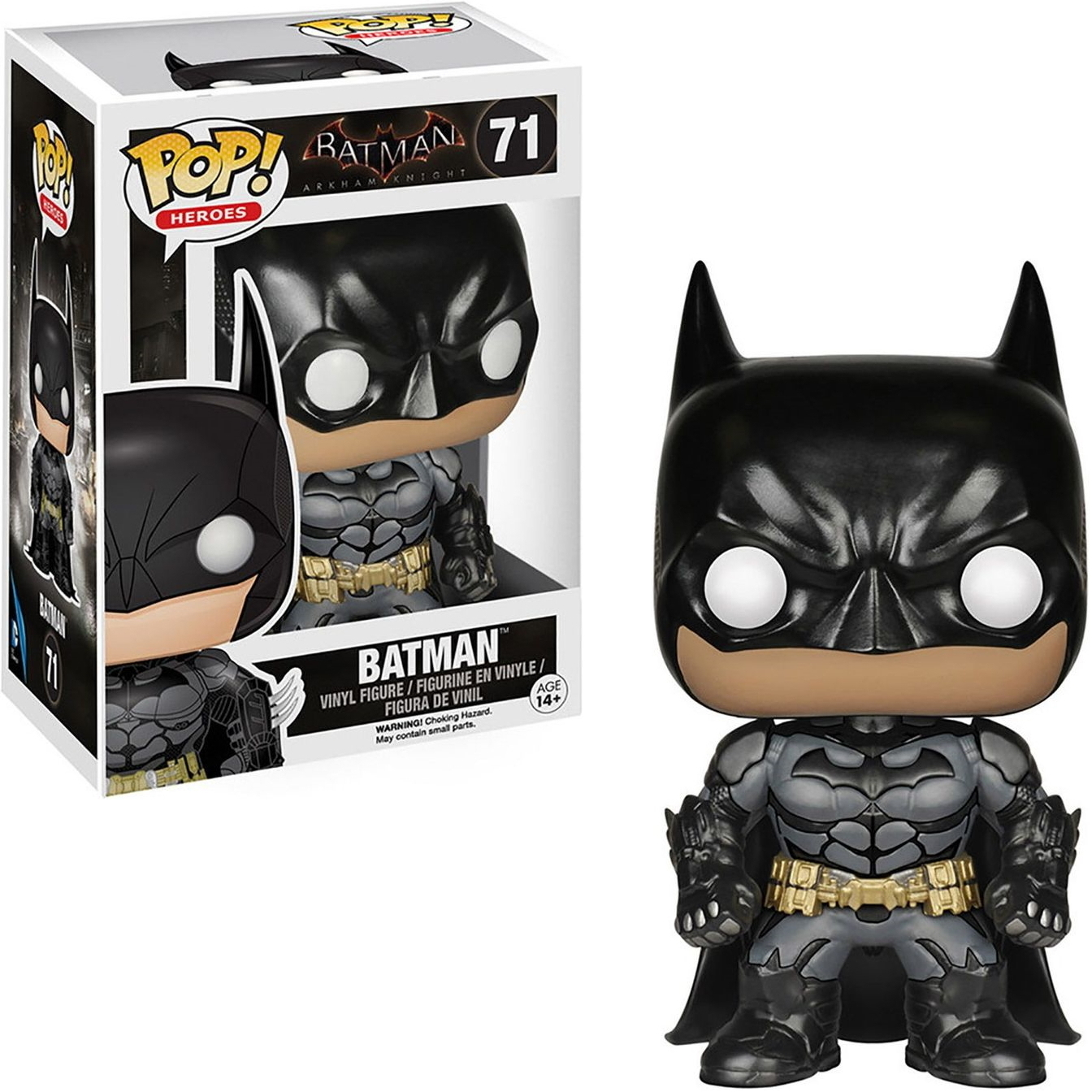 Batman-Figur in und außerhalb der Box, schwarzer und grauer Anzug, weiße Augen und entschlossener Ausdruck.