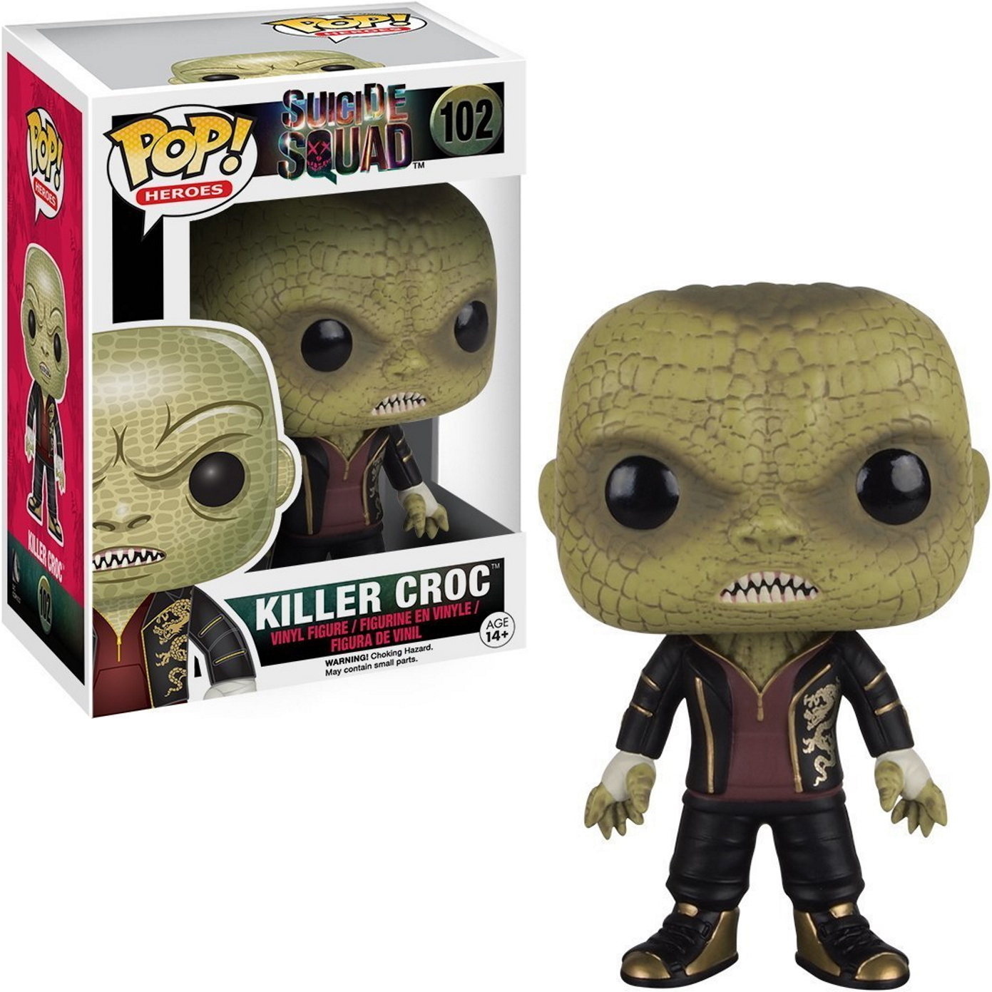 Killer Croc Funko Pop Figur mit Box. Die Figur hat ein grünes Echsen-Gesicht und trägt eine Jacke.