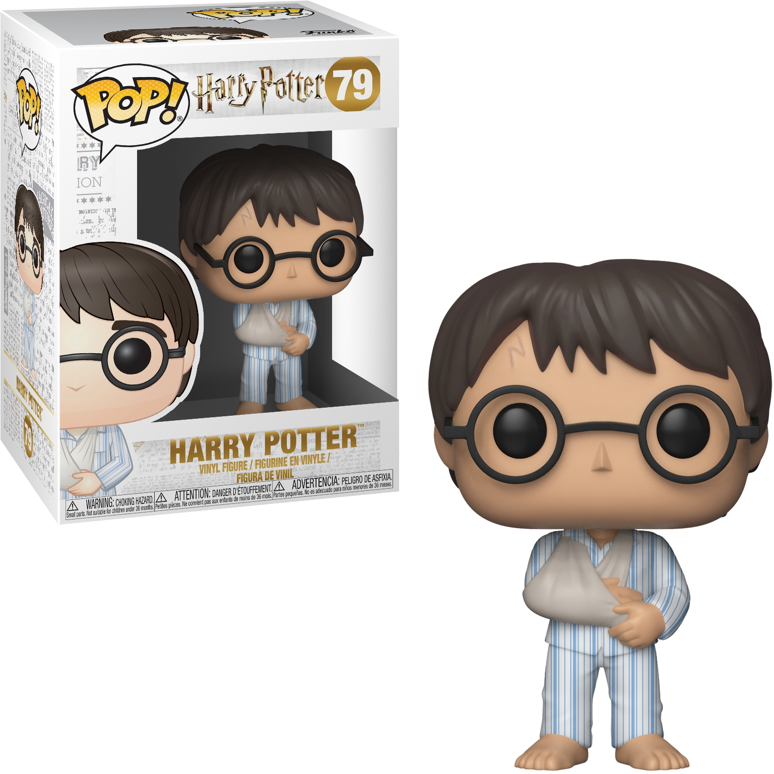 Harry Potter Funko Pop Figur. Trägt Brille und Pyjama, Arm in Gips. Figur mit Box links.