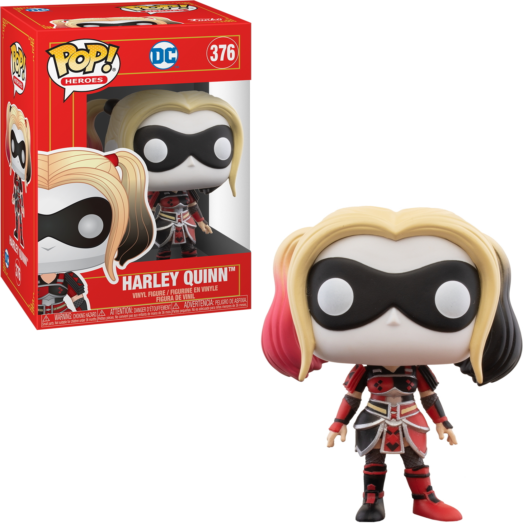 Harley Quinn Funko Pop Figur in der Box. Die Figur ist in einer Kampfpose mit einer Box.