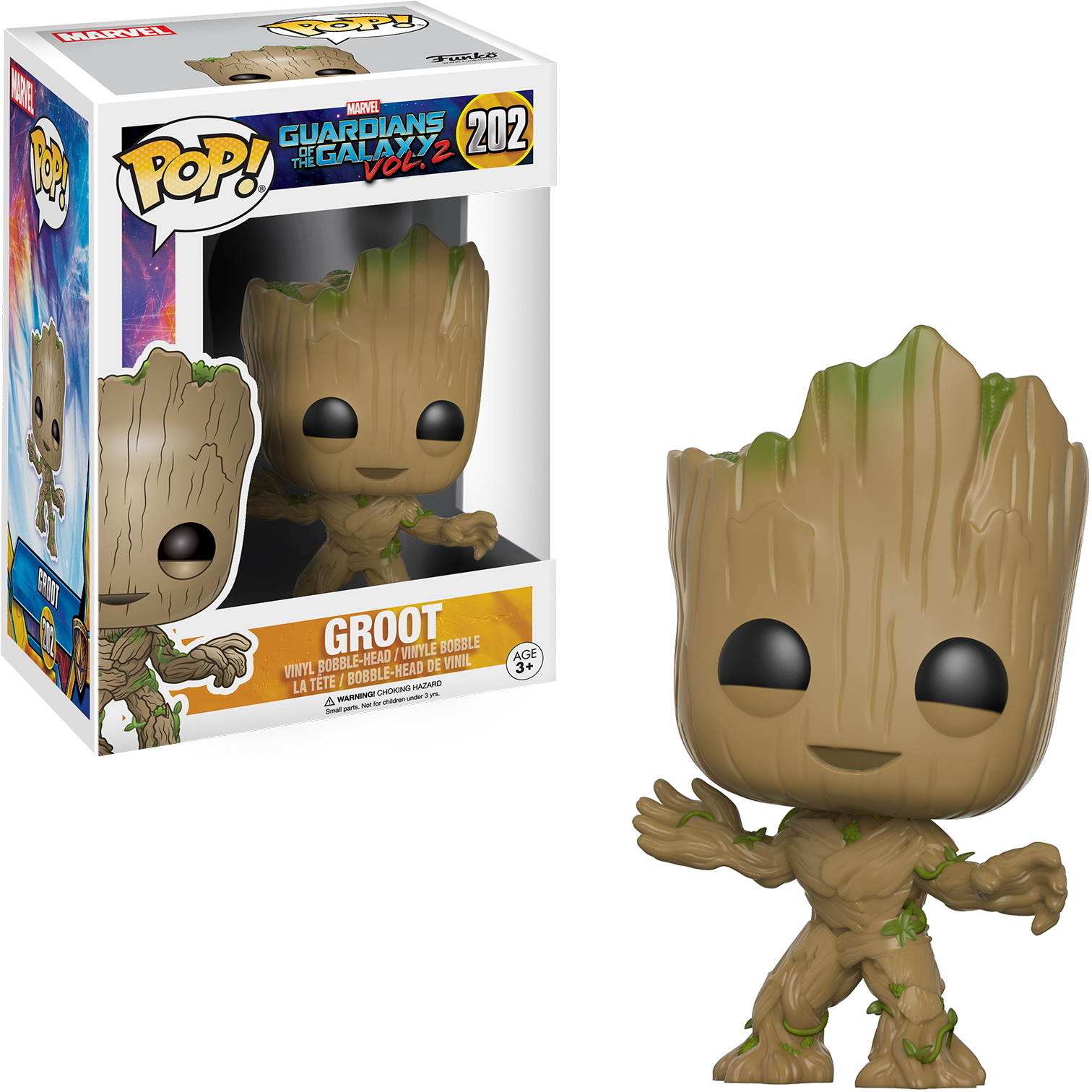 Groot-Figur aus Guardians of the Galaxy. Holztextur, lächelndes Gesicht.