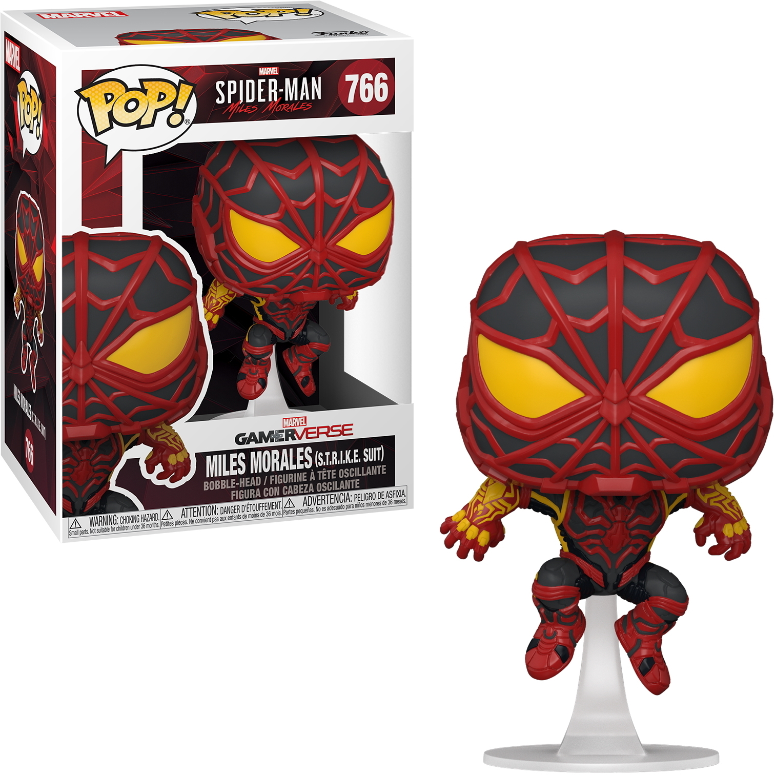 Figura di Spider-Man Miles Morales in una scatola. La figura indossa un costume rosso e nero con occhi gialli.