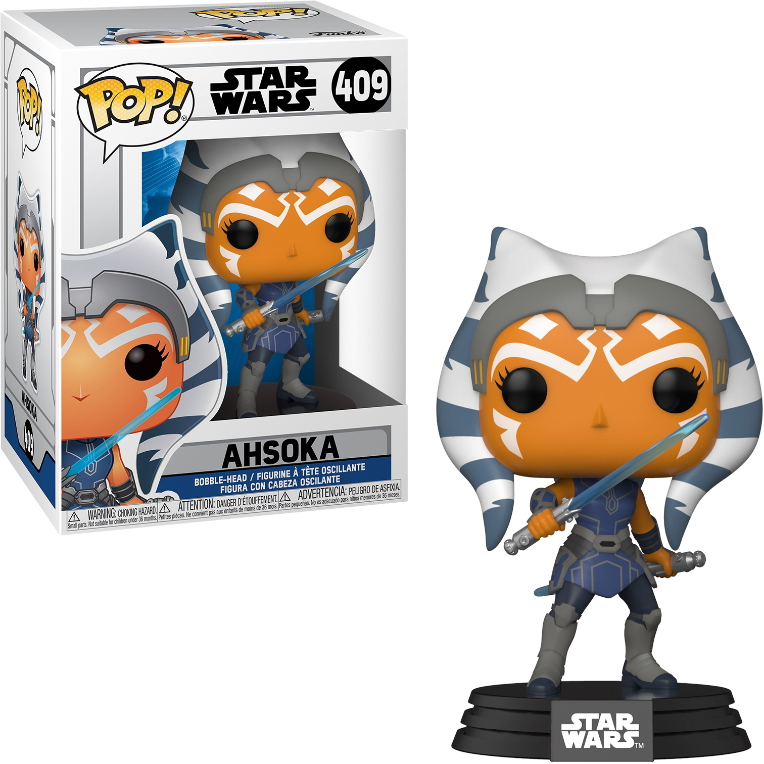 Figura Funko Pop di Ahsoka con scatola bianca. La figura ha pelle arancione, code della testa blu e bianche e una spada laser.