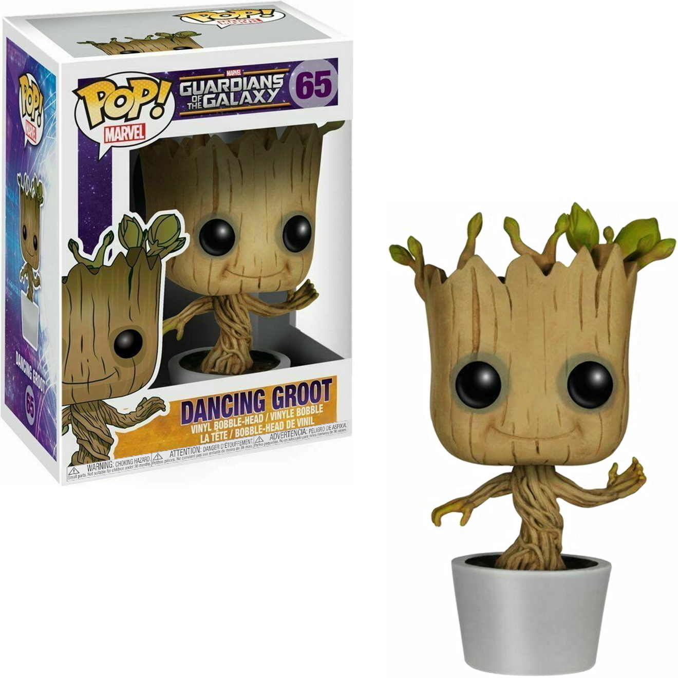 Figurka Funko Pop Dancing Groot. Figurka jest brązowa z zielonymi liśćmi na głowie.