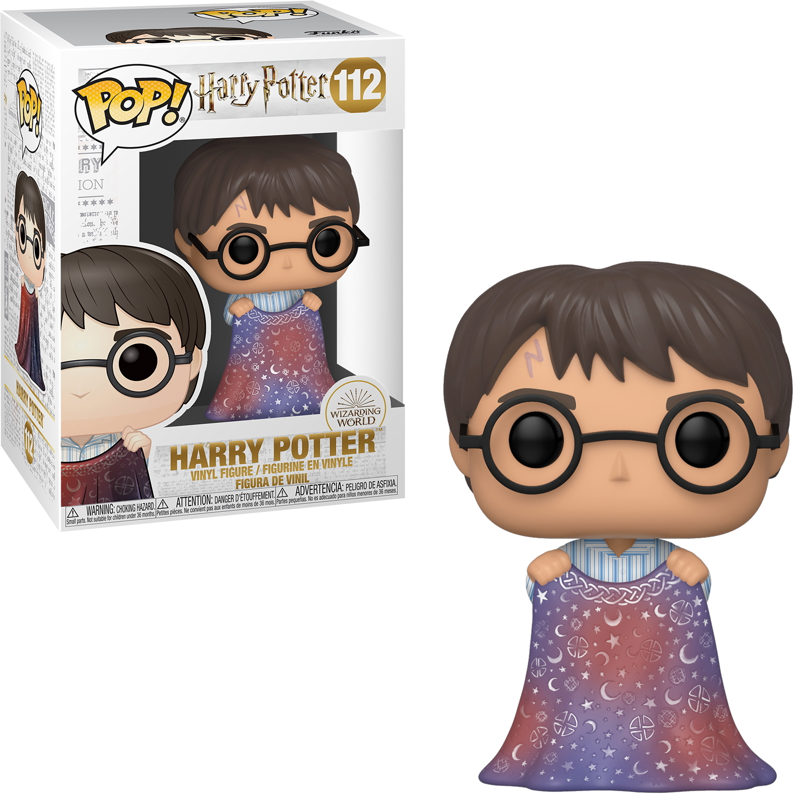 Harry Potter Funko Pop Figur in Box, hält einen Umhang mit Sternenmuster; weißer Hintergrund.