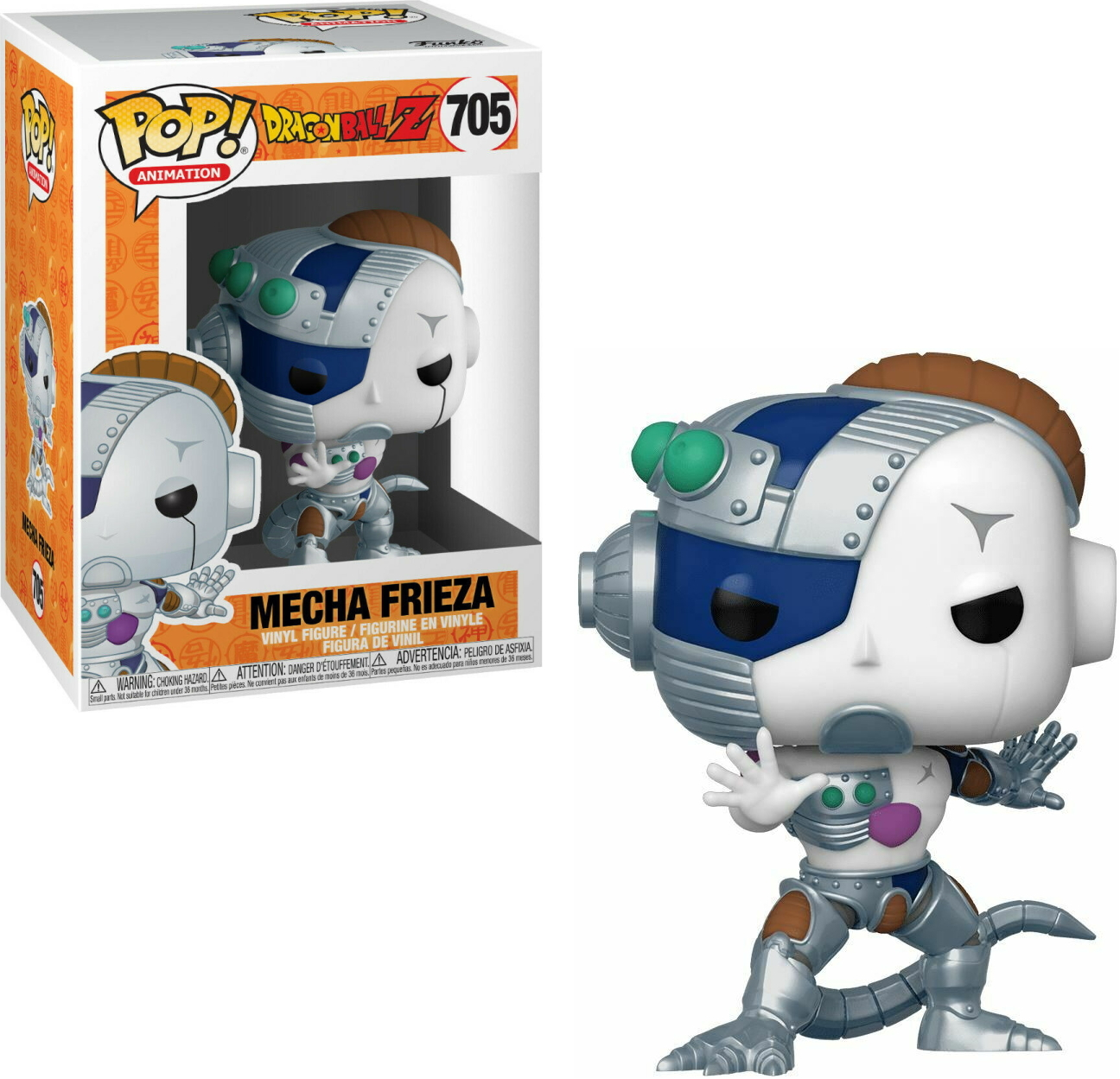 Una figura Funko Pop di Mecha Frieza da Dragon Ball Z, con una scatola a sinistra.