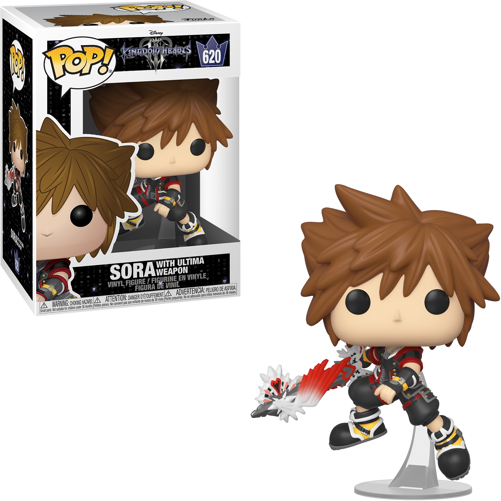 Figura Funko Pop de Sora con Ultima Weapon. Caja en el fondo. Fondo blanco.