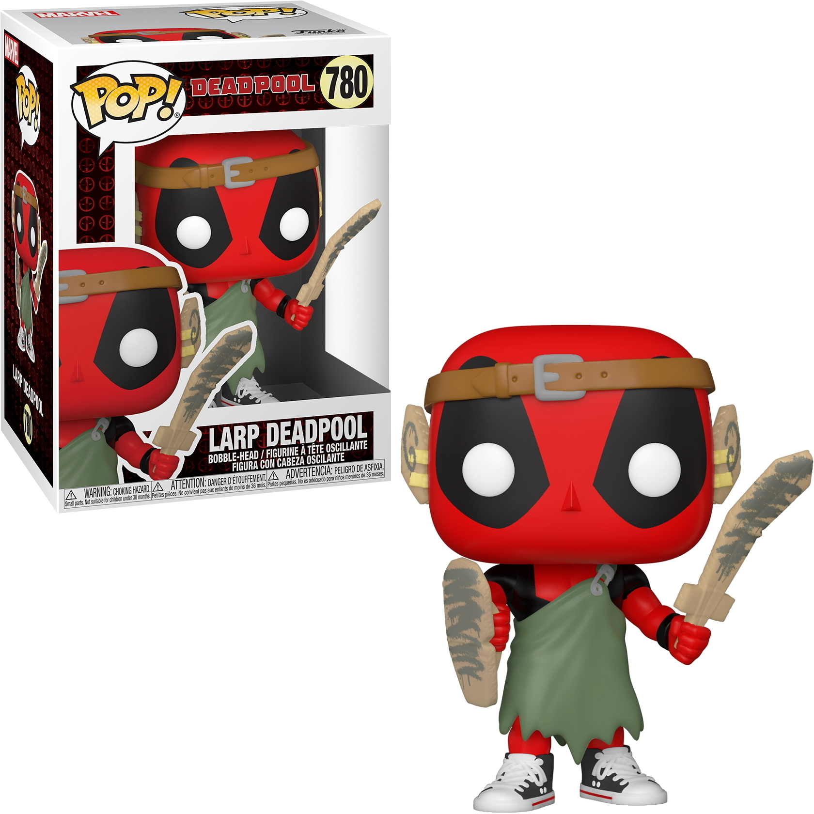 Deadpool-Figur in einer Box und eine freistehende Figur mit Schwertern, grüner Rock.