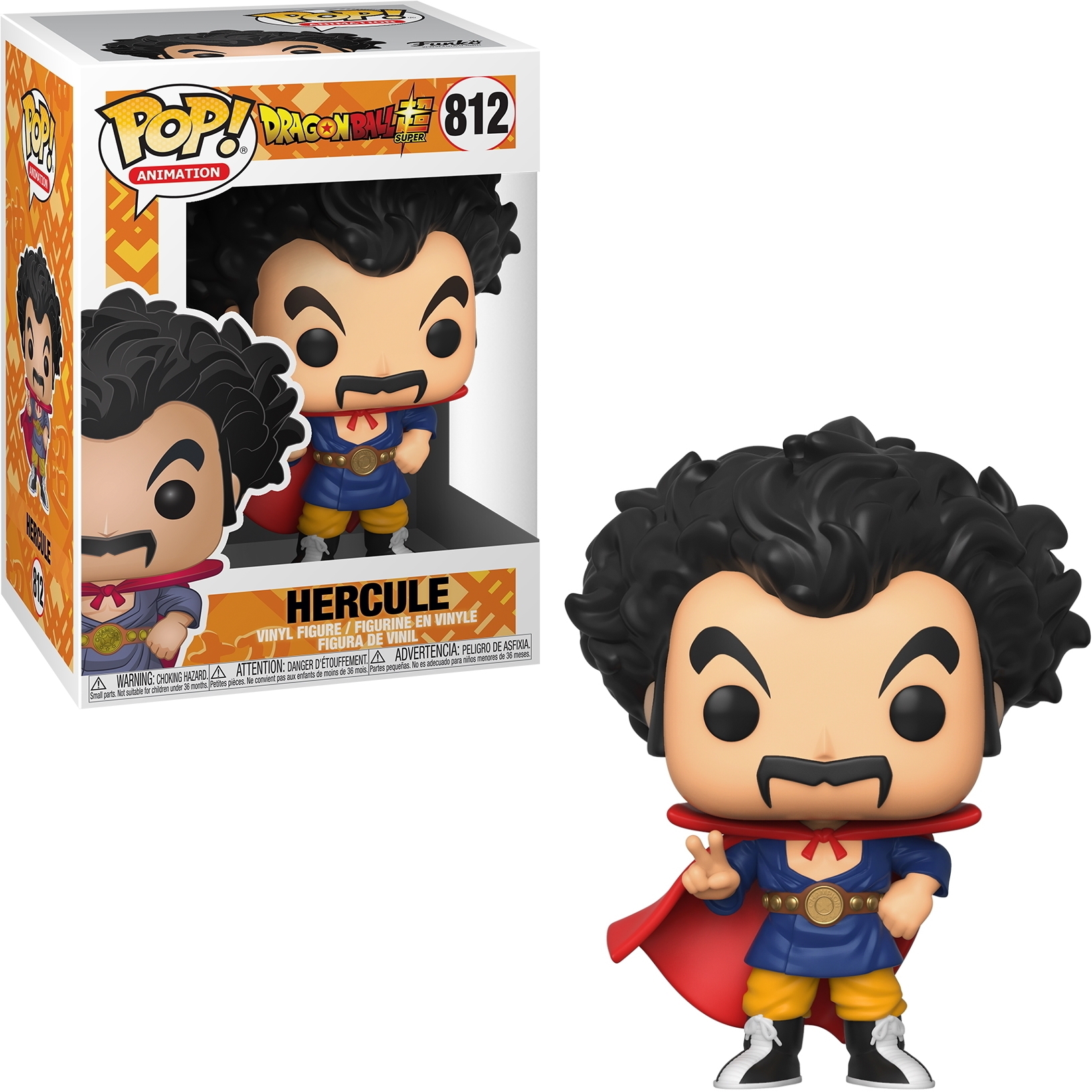 Funko Pop Figur von Hercule aus Dragon Ball Z. Die Figur befindet sich in einer Box und wird auch draußen angezeigt.
