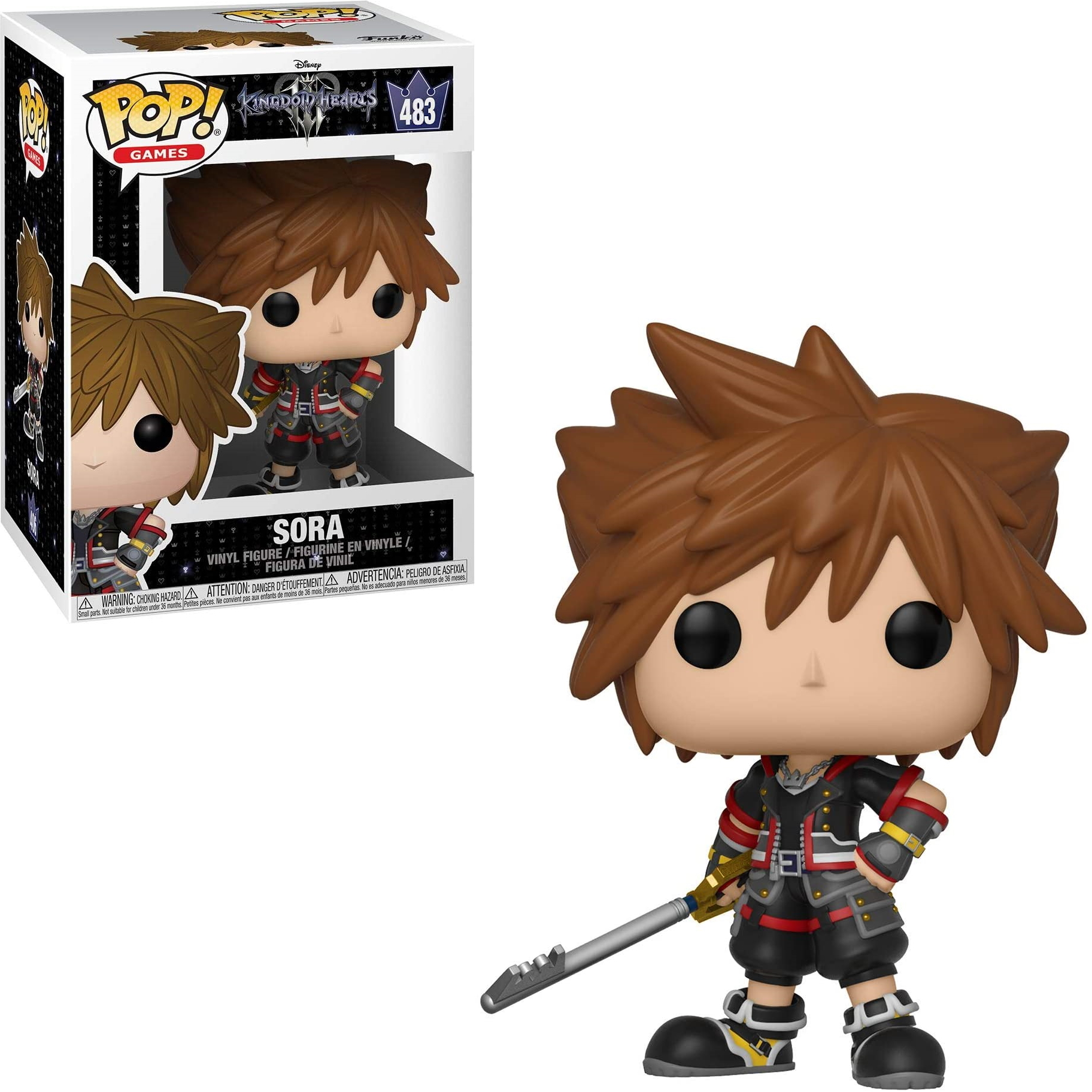 Sora Vinylfigur aus Kingdom Hearts, in Box und einzeln. Er hält eine Keyblade und trägt ein schwarzes Outfit.