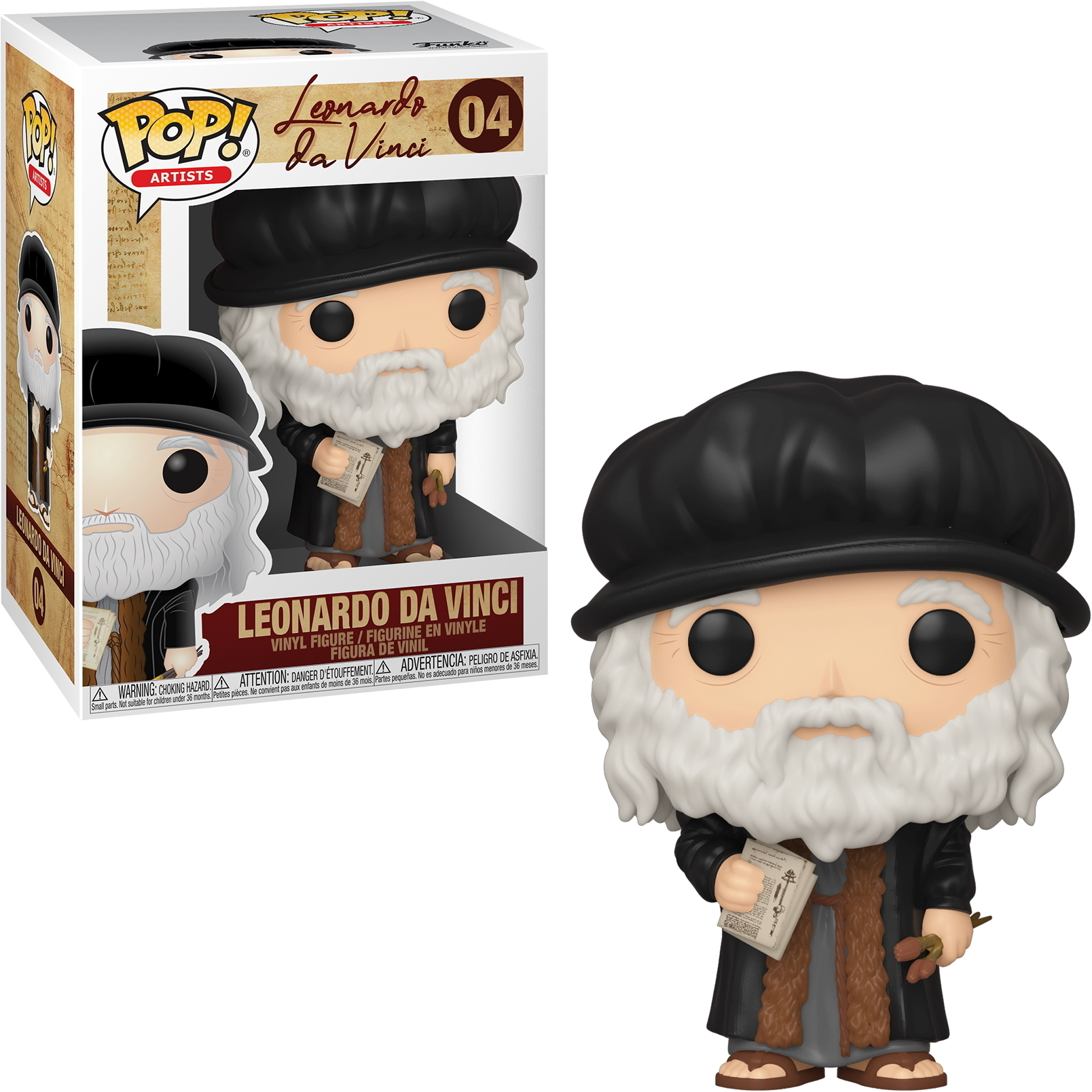 Figura di Leonardo da Vinci Funko Pop dentro e fuori dalla scatola, con cappello e cappotto neri, tiene dei fogli.