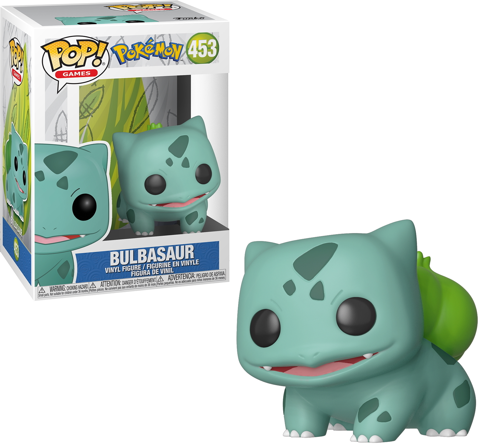 Eine Funko Pop!-Figur von Bulbasaur aus Pokemon. Grüner Bulbasaur mit einer Pflanze auf dem Rücken.