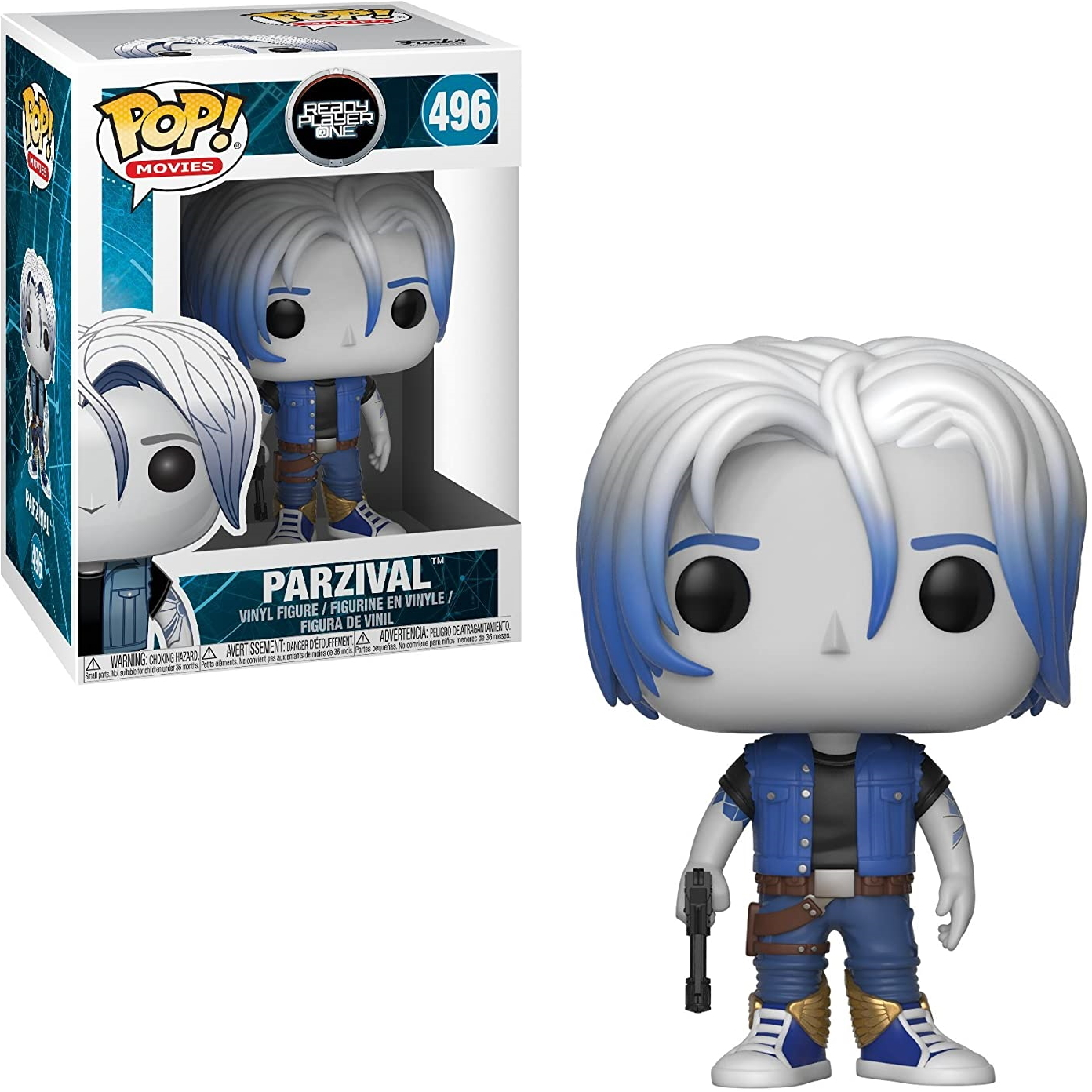 Parzival Funko Pop. Figur mit weiß-blauem Haar, blauer Weste und Pistole. Die Box ist sichtbar.
