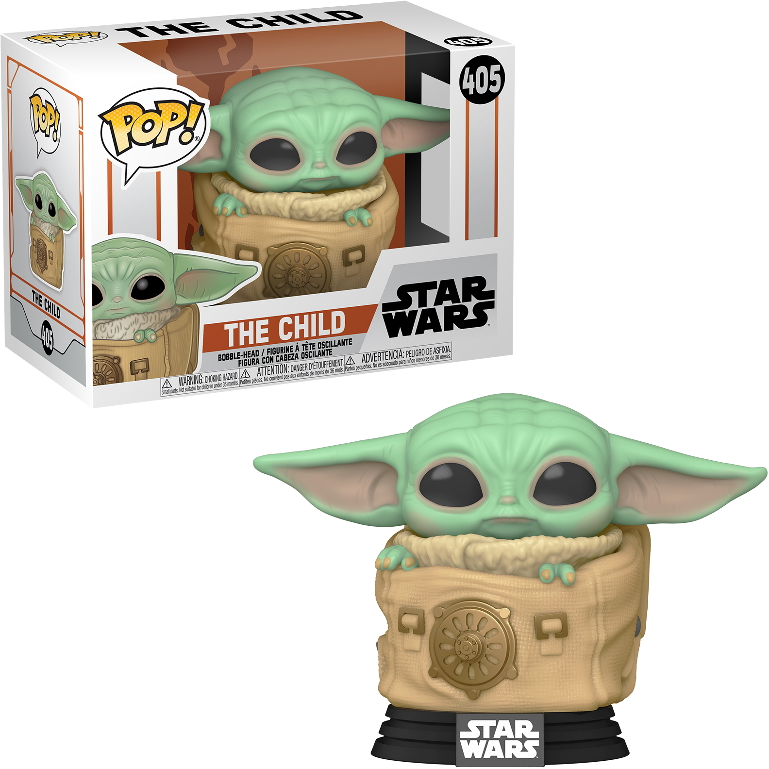 The Child (Baby Yoda) Funko Pop Figur in seiner Tragetasche, mit Box im Hintergrund.